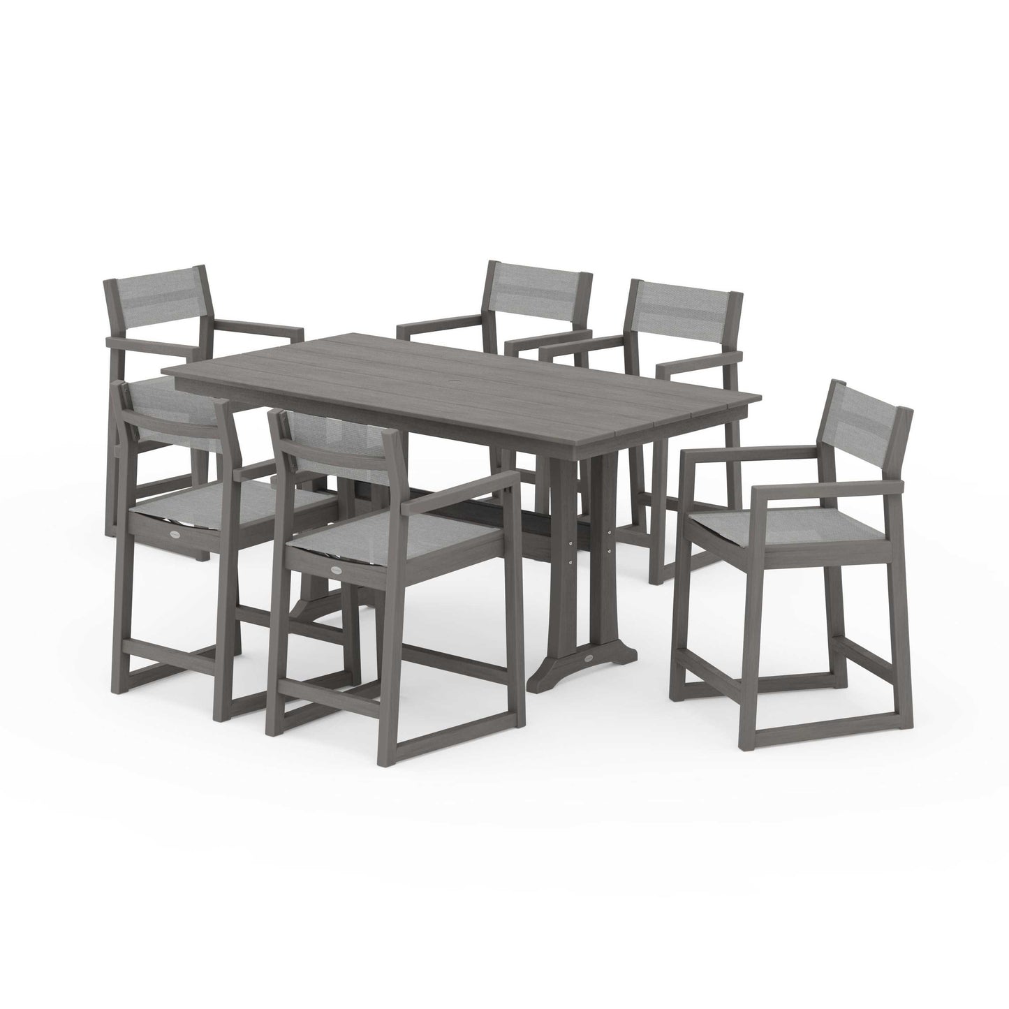 POLYWOOD EDGE Sling Arm Chair 7-Piece Farmhouse Counter Set with Trestle Legs — Driftwood / Metallic Sling