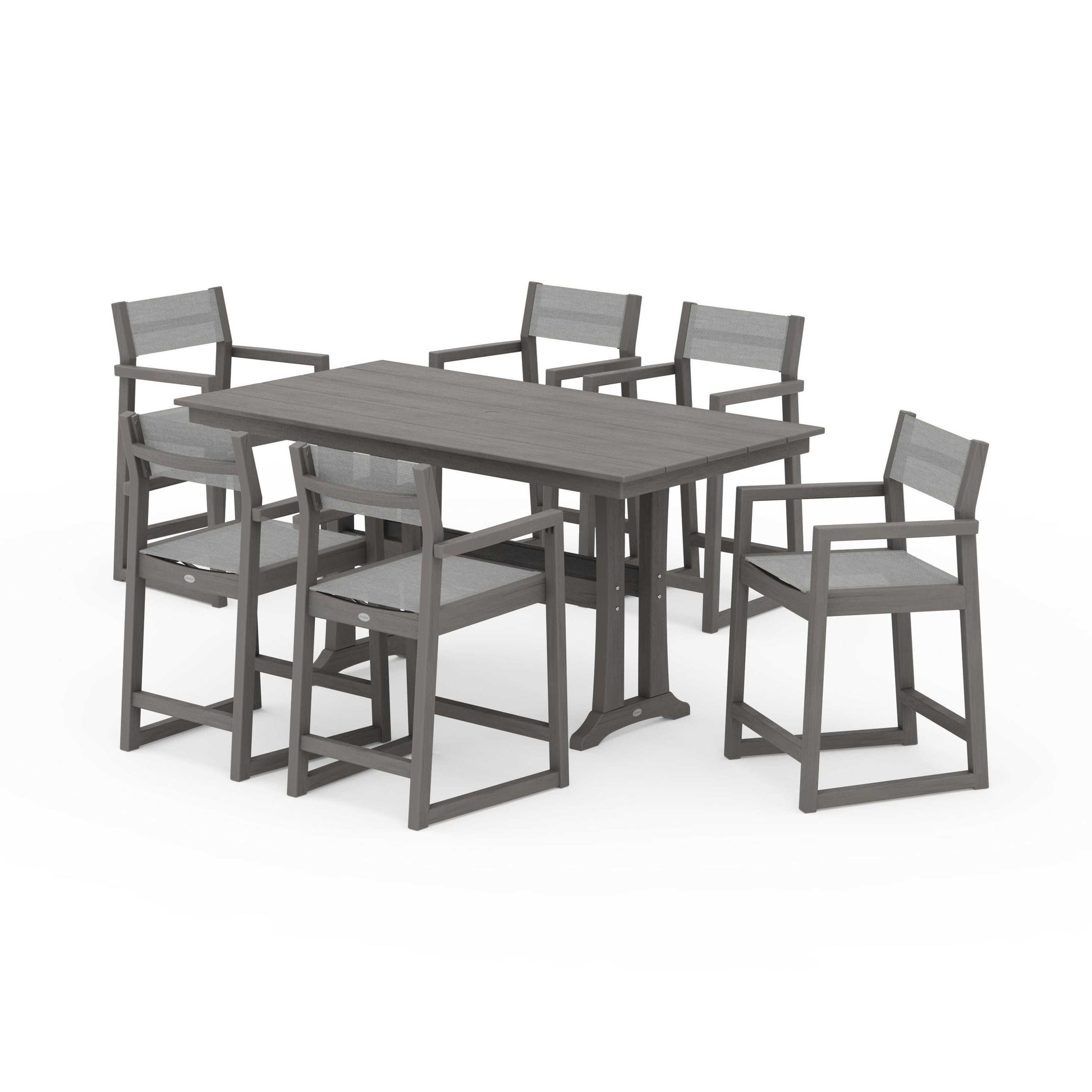 POLYWOOD EDGE Sling Arm Chair 7-Piece Farmhouse Counter Set with Trestle Legs — Driftwood / Metallic Sling