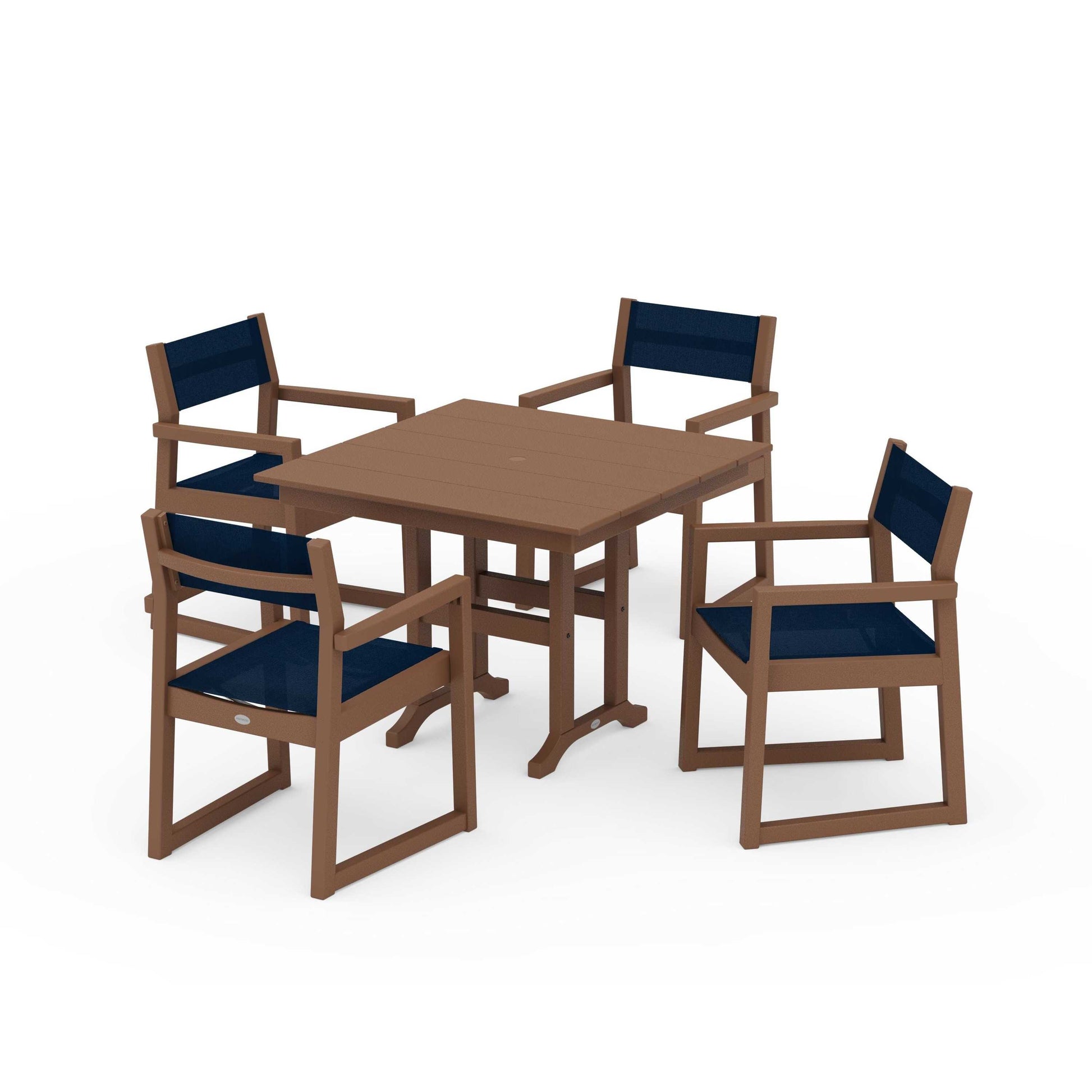 POLYWOOD EDGE Sling Arm Chair 5-Piece Farmhouse Dining Set — Teak / Navy Blue Sling