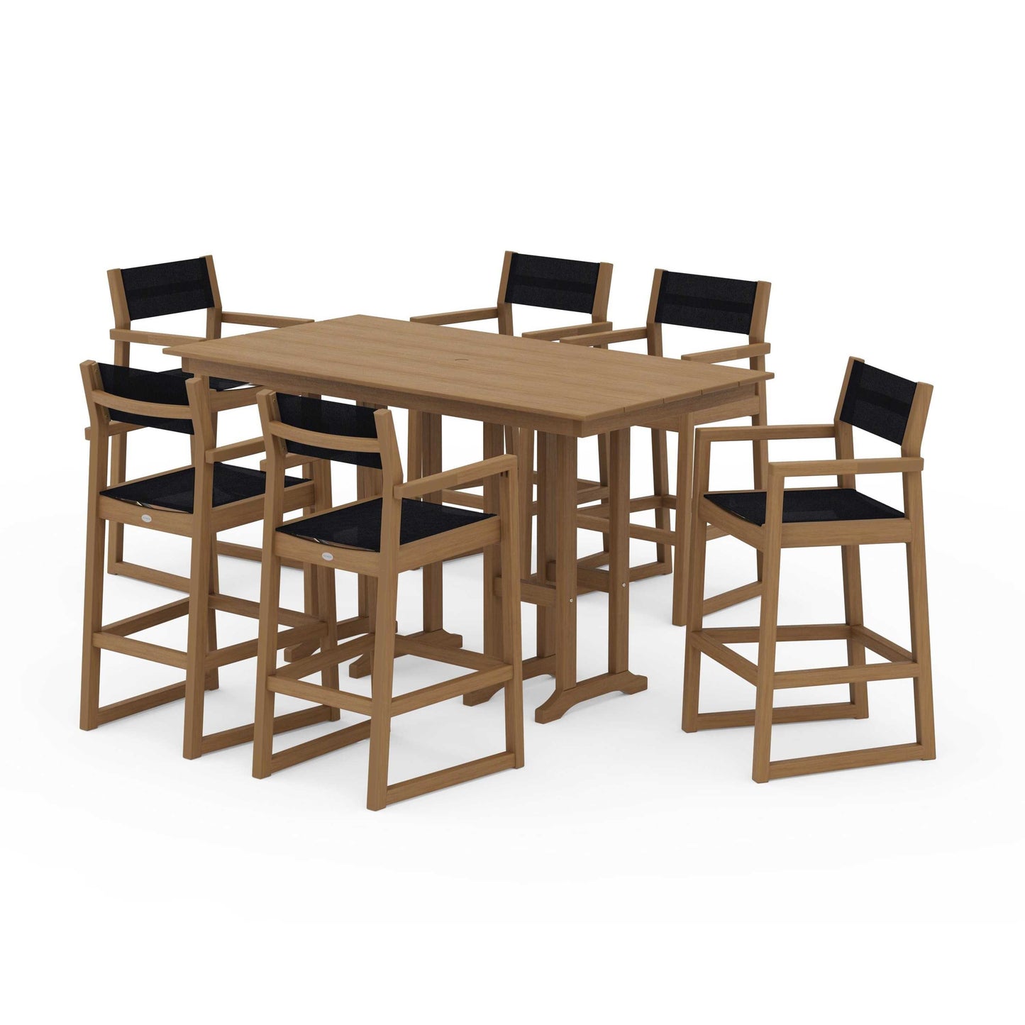 POLYWOOD EDGE Sling Arm Chair 7-Piece Farmhouse Bar Set — Natural / Black Sling