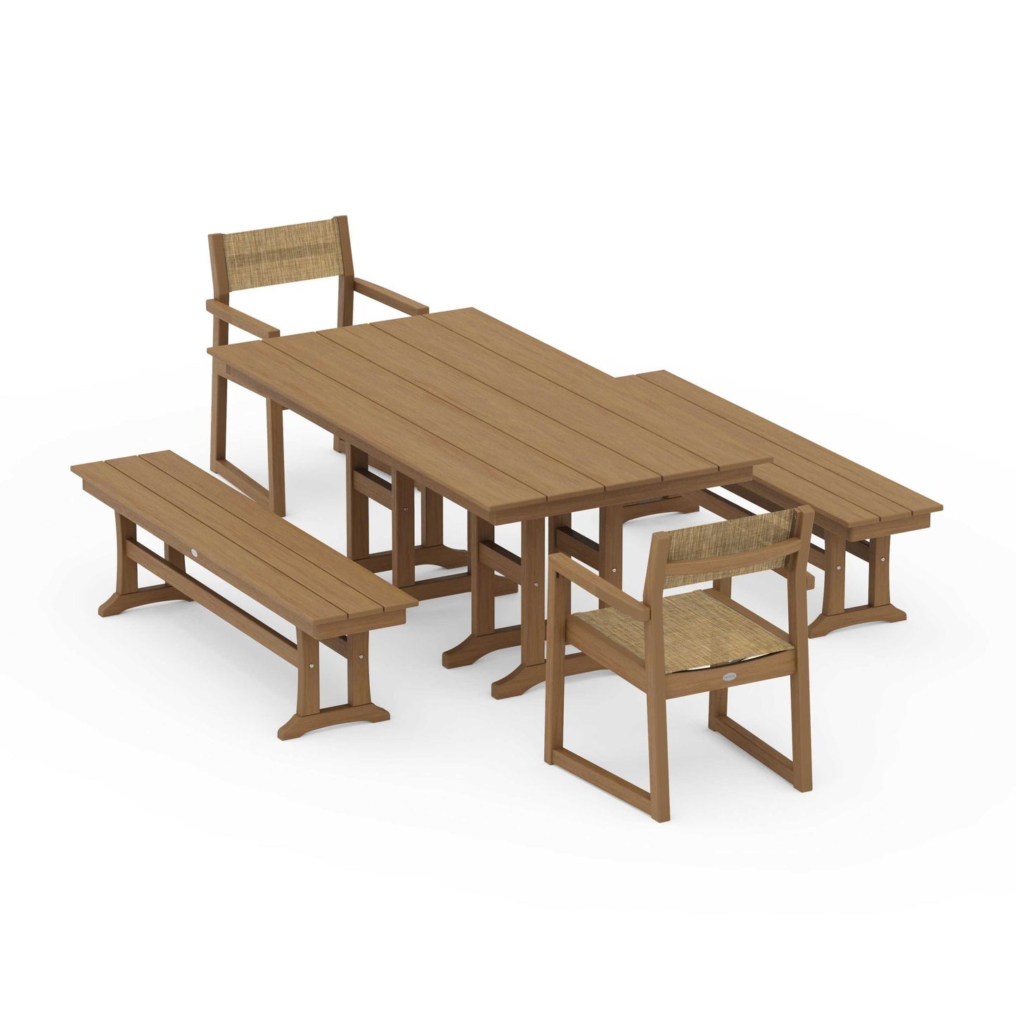POLYWOOD EDGE Sling Arm Chair 5-Piece Farmhouse Dining Set with Benches — Natural / Burlap Sling