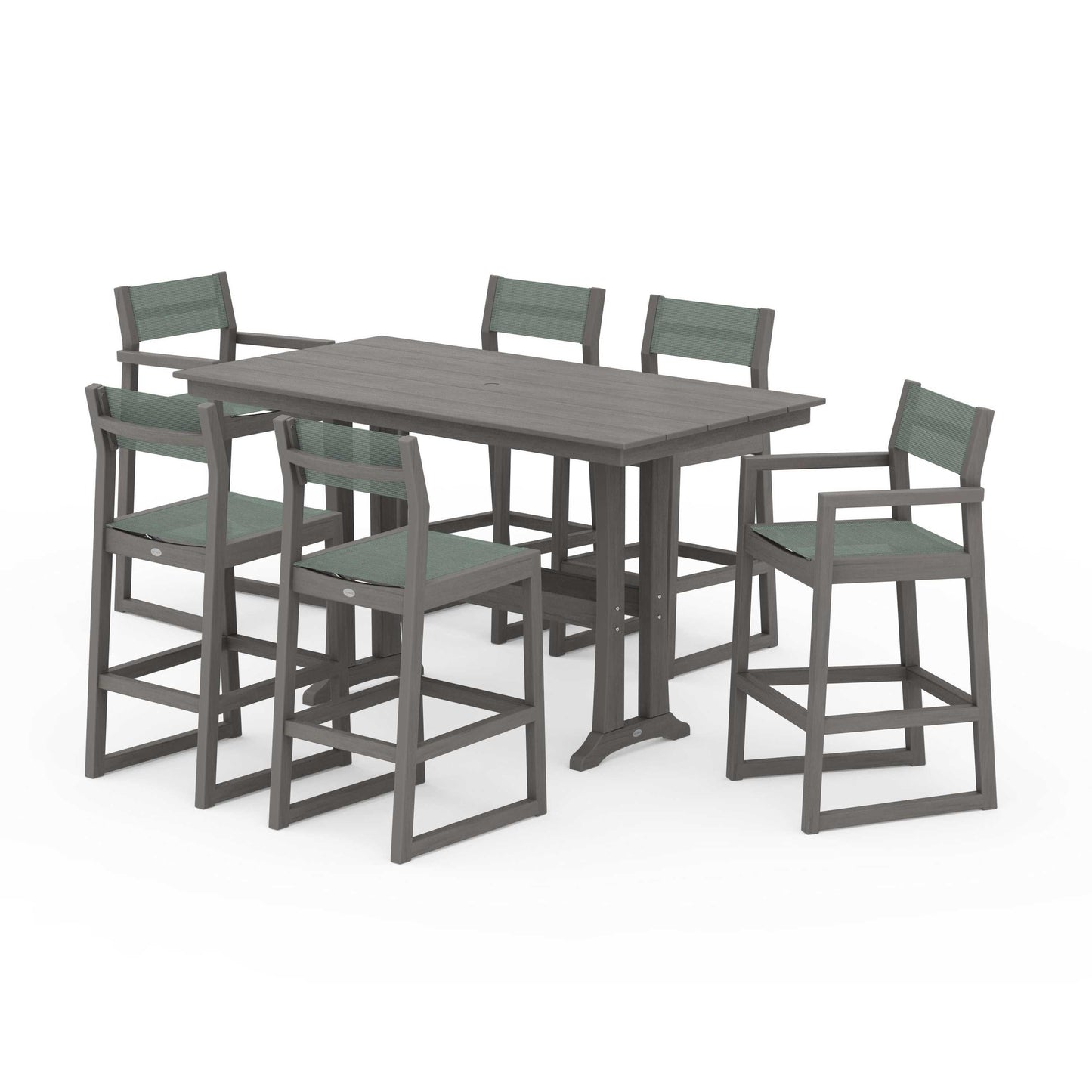 POLYWOOD EDGE Sling 7-Piece Farmhouse Bar Set with Trestle Legs — Driftwood / Dupioni Sea Mist Sling