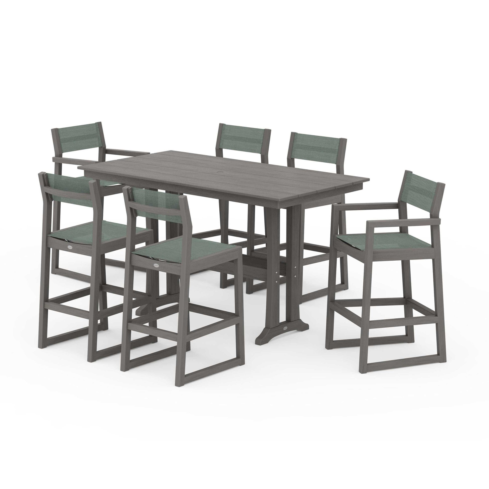 POLYWOOD EDGE Sling 7-Piece Farmhouse Bar Set with Trestle Legs — Driftwood / Dupioni Sea Mist Sling