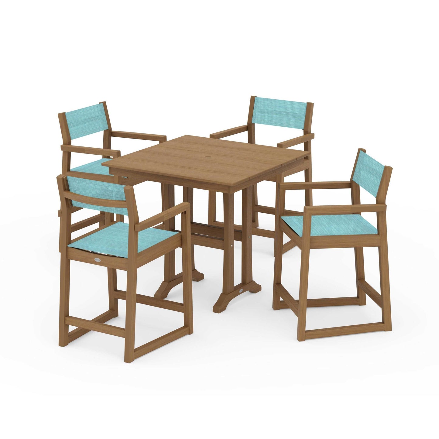 POLYWOOD EDGE Sling Arm Chair 5-Piece Farmhouse Counter Set with Trestle Legs — Natural / Dupioni Aquamarine Sling