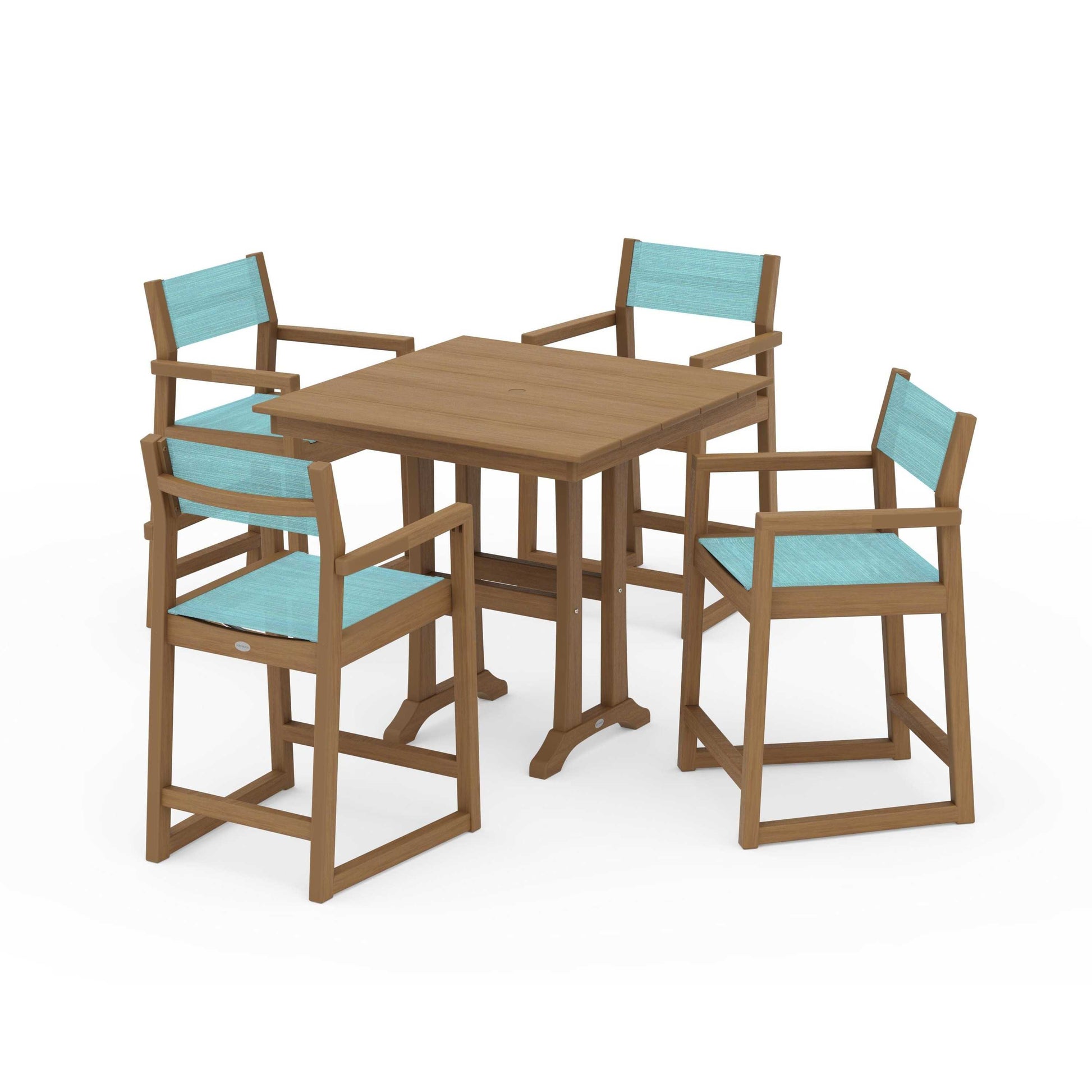 POLYWOOD EDGE Sling Arm Chair 5-Piece Farmhouse Counter Set with Trestle Legs — Natural / Dupioni Aquamarine Sling