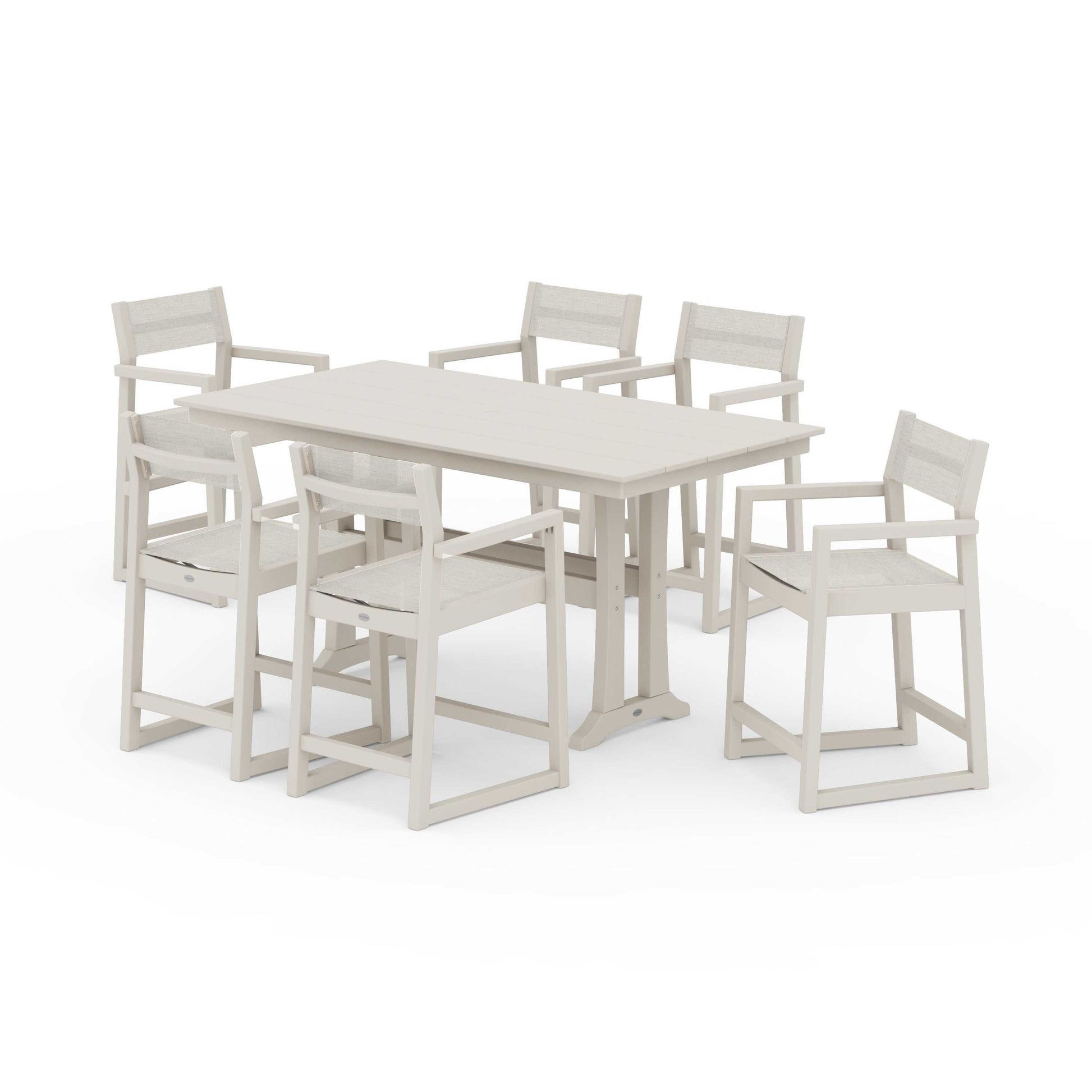 POLYWOOD EDGE Sling Arm Chair 7-Piece Farmhouse Counter Set with Trestle Legs — Sand / Parchment Sling