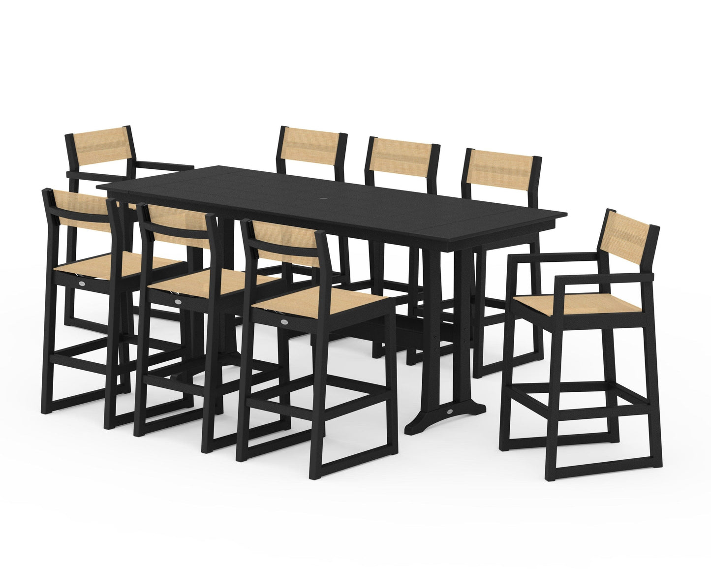 POLYWOOD EDGE Sling 9-Piece Farmhouse Bar Set with Trestle Legs — Black / Dupioni Apricot Sling