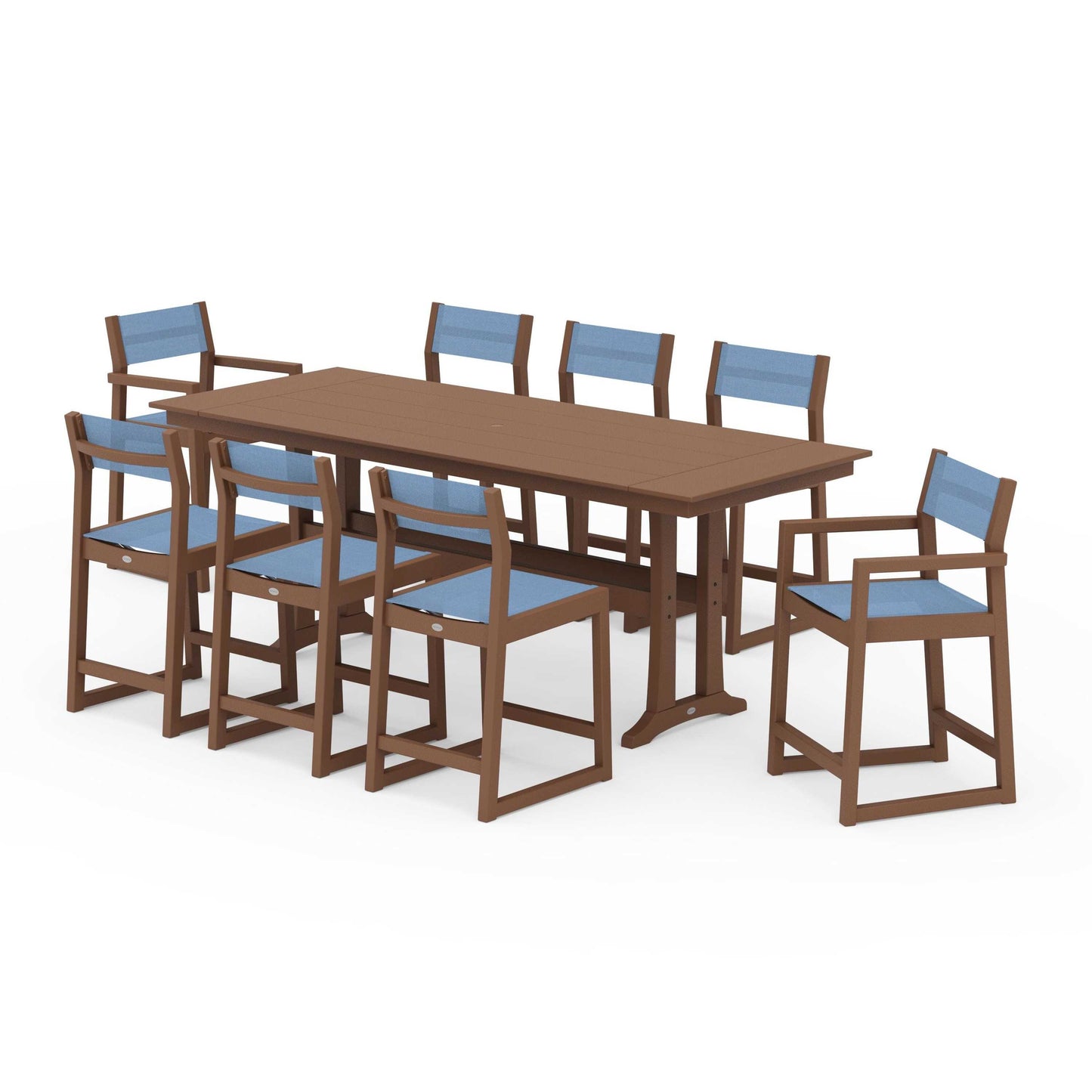 POLYWOOD EDGE Sling 9-Piece Farmhouse Counter Set with Trestle Legs — Teak / Poolside Sling
