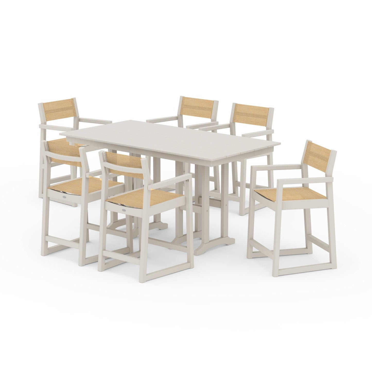 POLYWOOD EDGE Sling Arm Chair 7-Piece Farmhouse Counter Set — Sand / Dupioni Apricot Sling