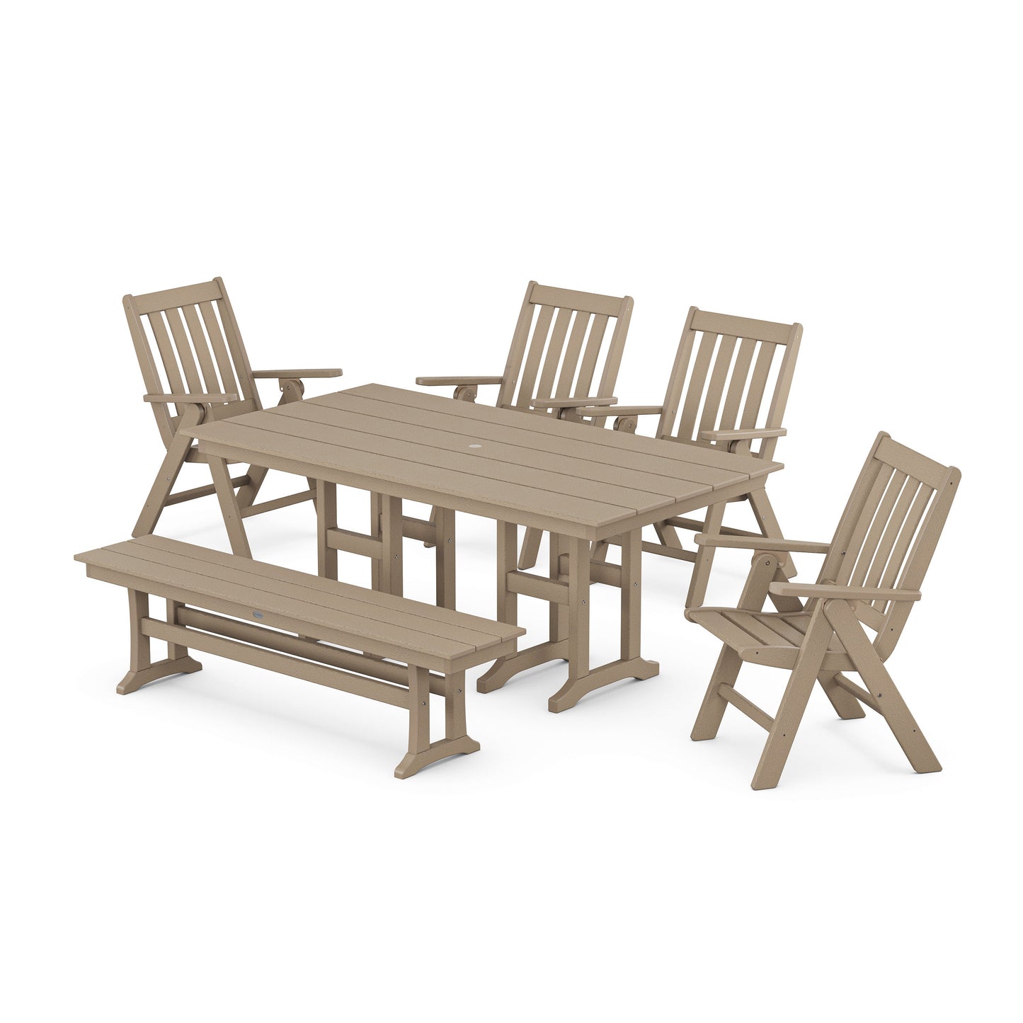 POLYWOOD Vineyard Folding Chair 6-Piece Farmhouse Dining Set with Bench — Vintage Sahara
