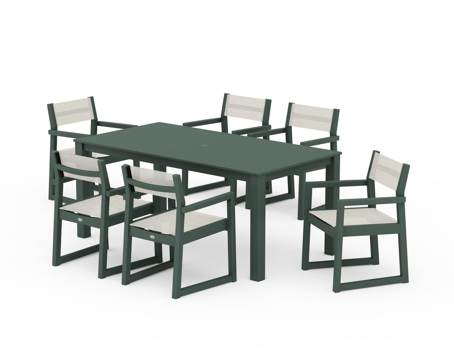 POLYWOOD EDGE Sling Arm Chair 7-Piece Parsons Dining Set — Green / Parchment Sling