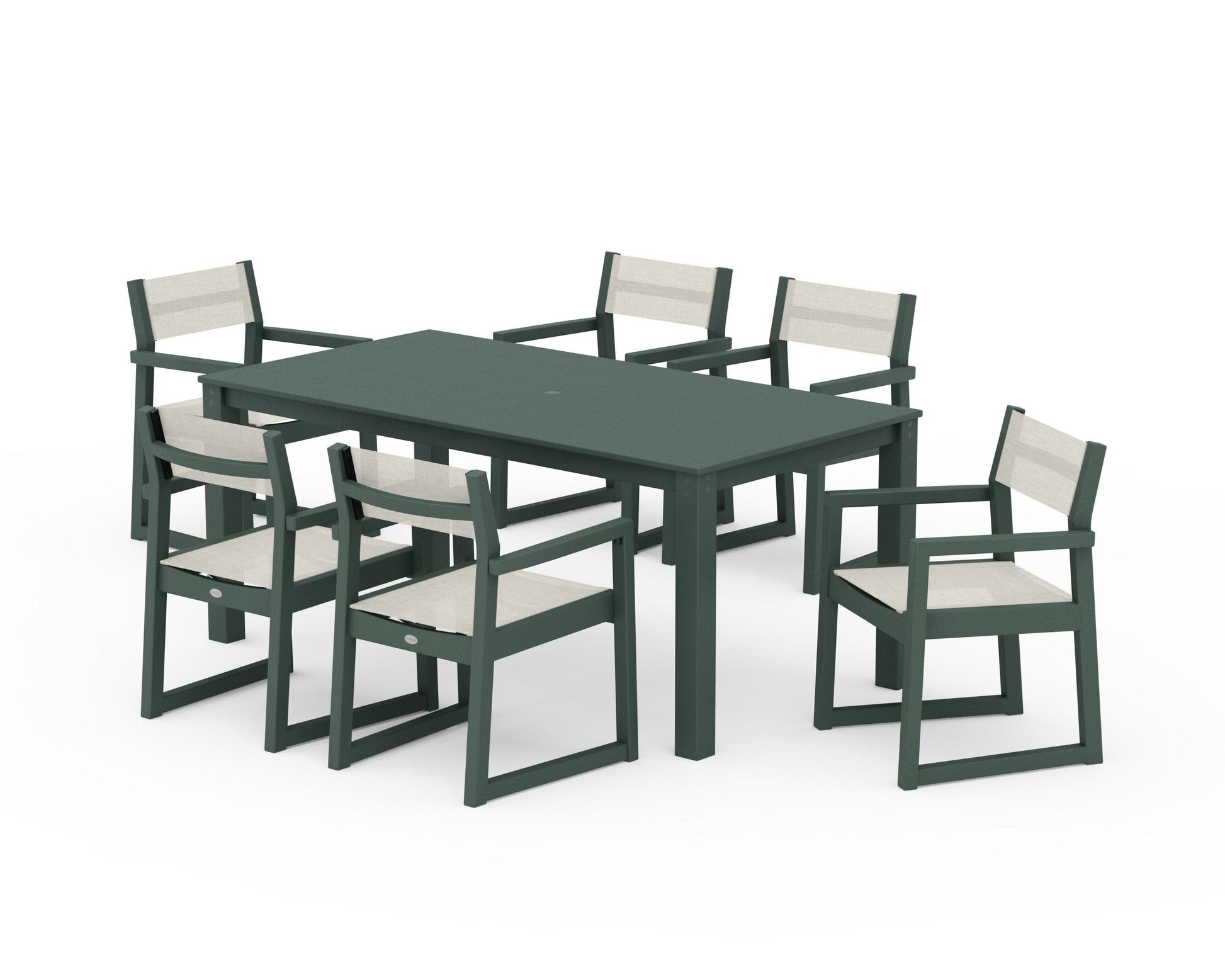 POLYWOOD EDGE Sling Arm Chair 7-Piece Parsons Dining Set — Green / Parchment Sling