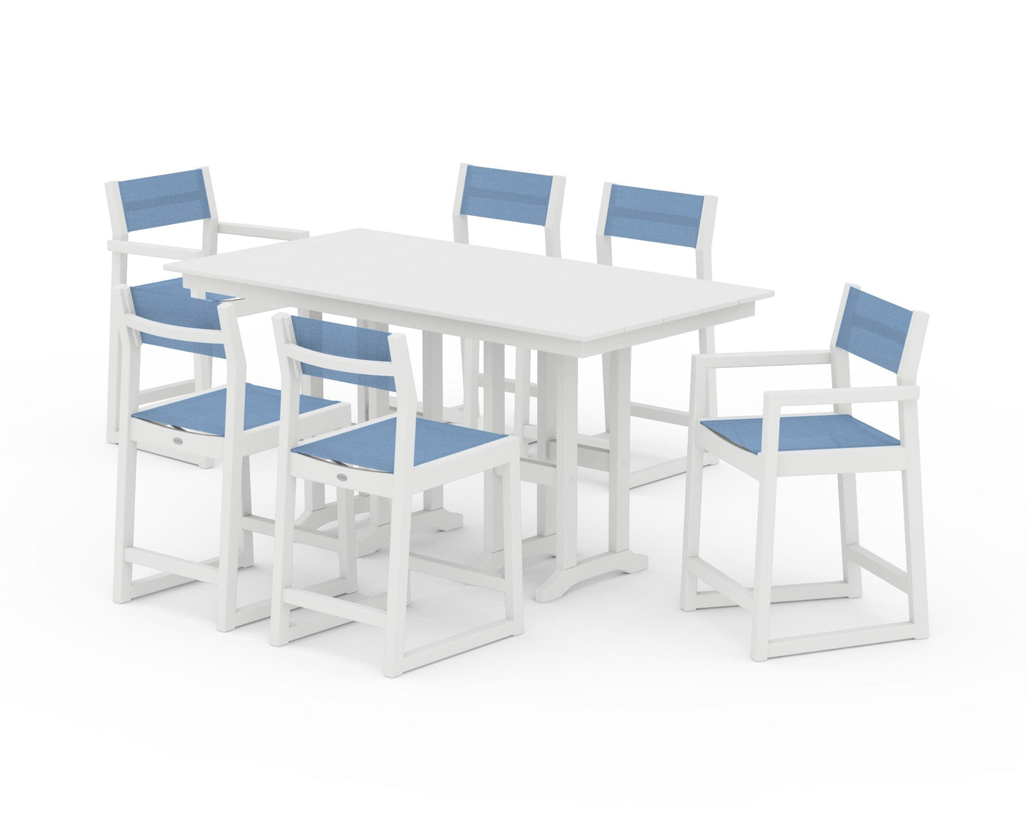 POLYWOOD EDGE Sling 7-Piece Farmhouse Counter Set with Trestle Legs — White / Poolside Sling