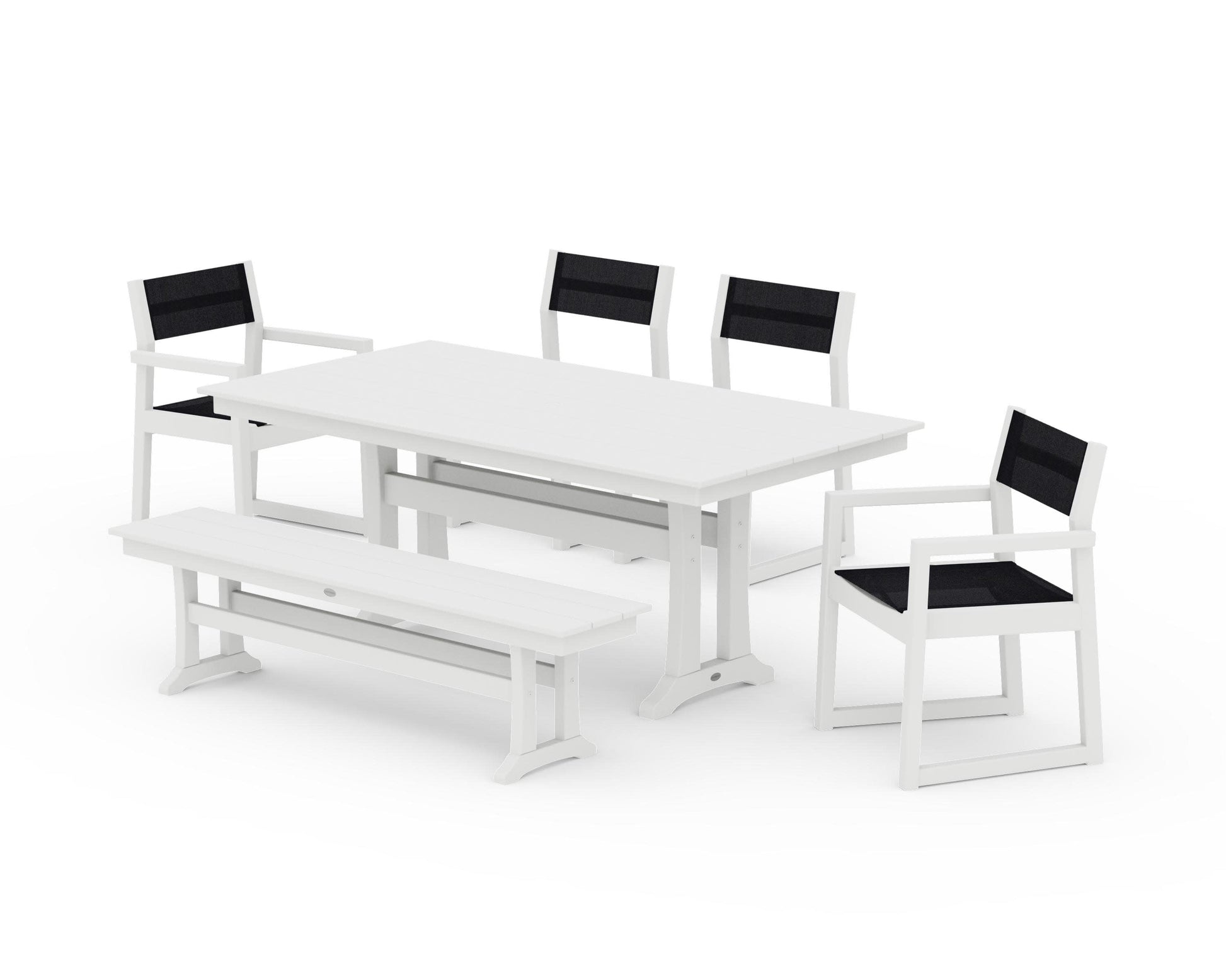 POLYWOOD EDGE Sling 6-Piece Farmhouse Dining Set With Trestle Legs — White / Black Sling
