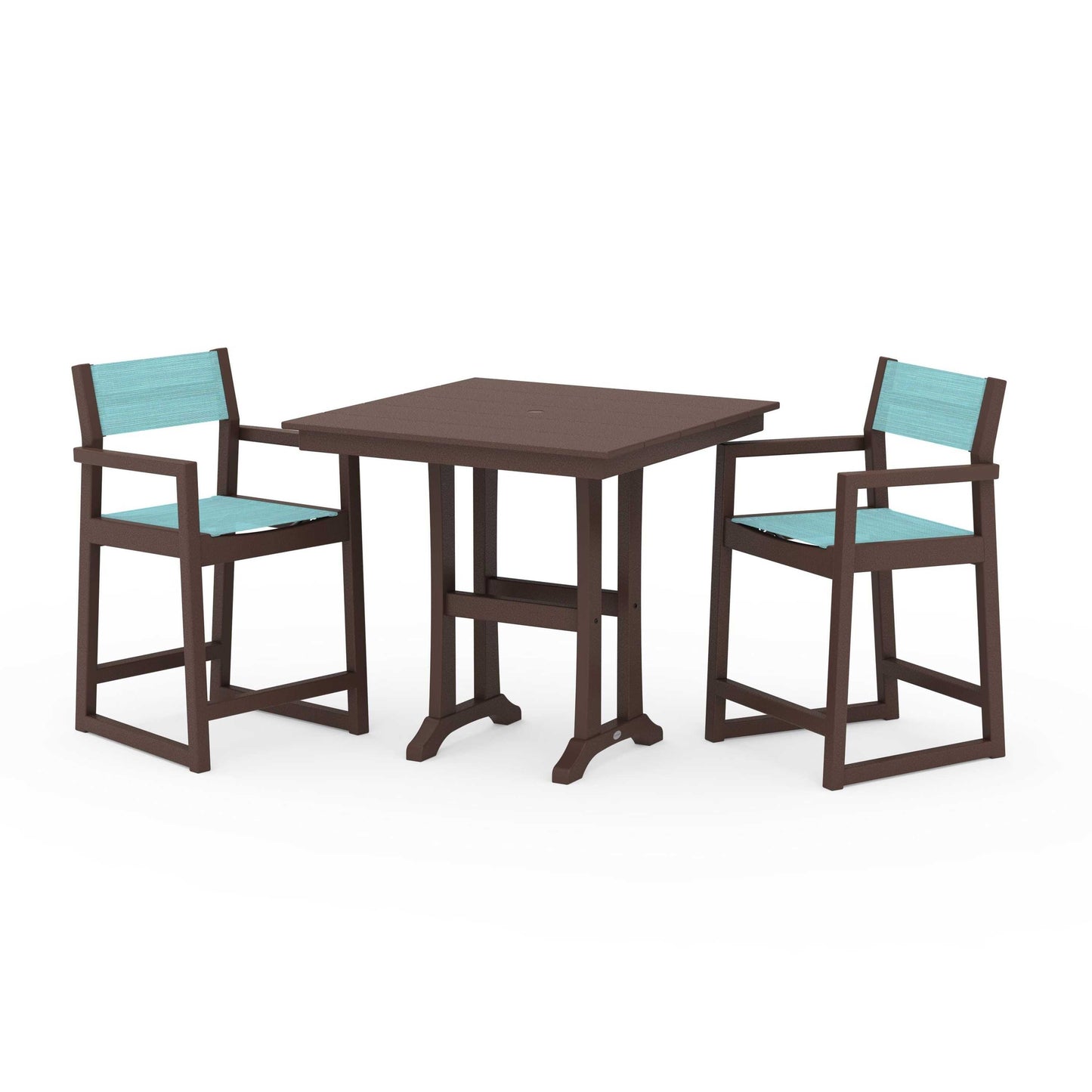 POLYWOOD EDGE Sling Arm Chair 3-Piece Farmhouse Counter Set with Trestle Legs — Mahogany / Dupioni Aquamarine Sling
