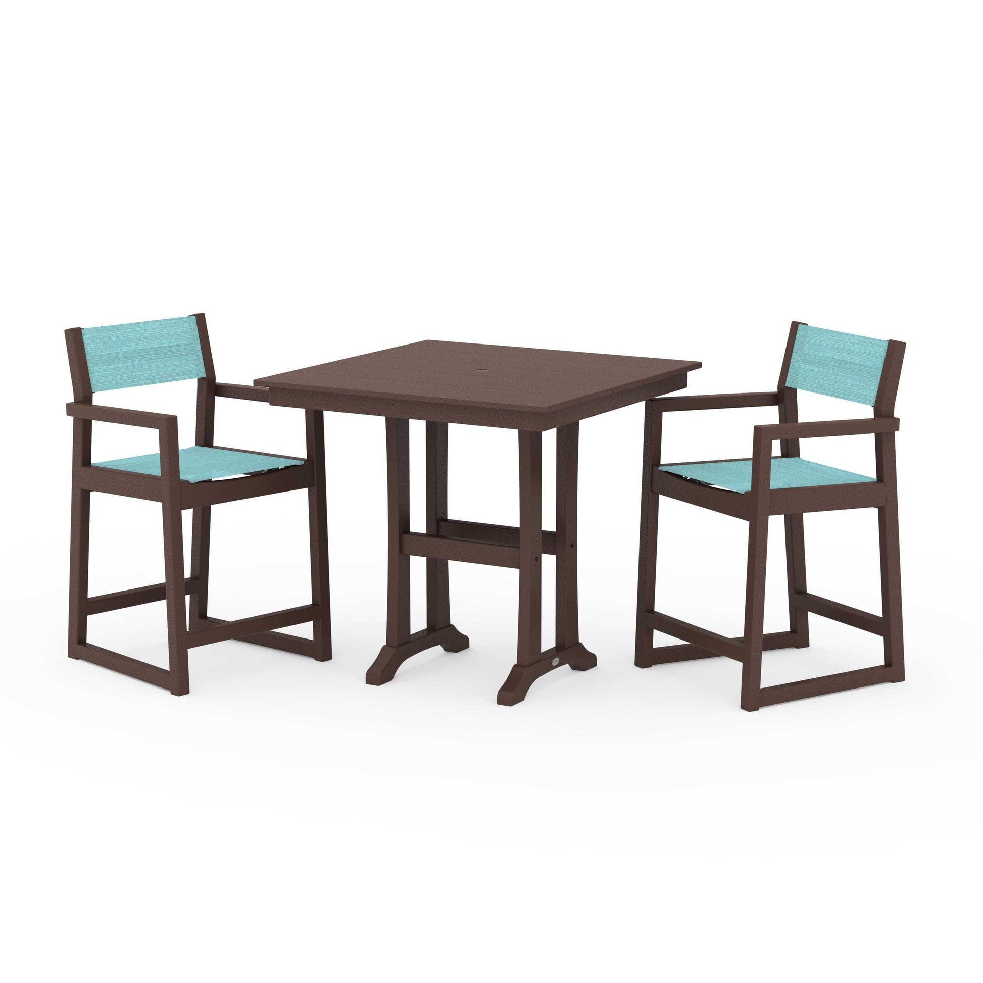 POLYWOOD EDGE Sling Arm Chair 3-Piece Farmhouse Counter Set with Trestle Legs — Mahogany / Dupioni Aquamarine Sling