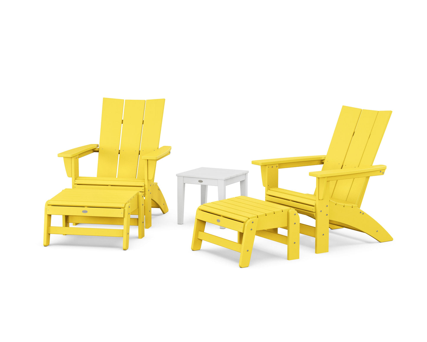 POLYWOOD 5-Piece Modern Grand Adirondack Set with Ottomans and Side Table — Lemon / White