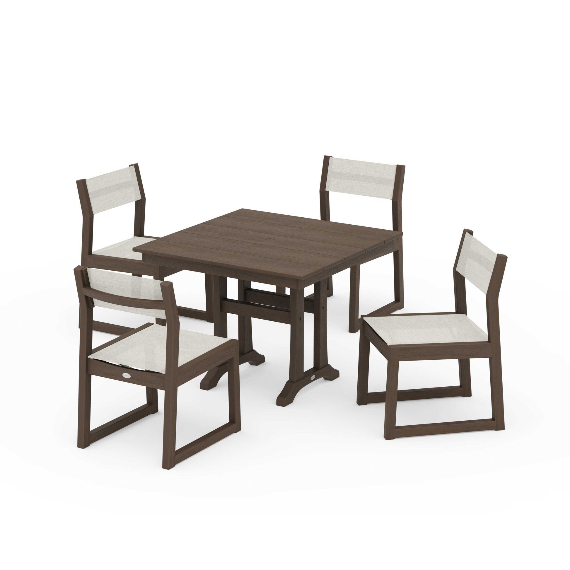 POLYWOOD EDGE Sling 5-Piece Farmhouse Trestle Side Chair Dining Set — Kona / Parchment Sling