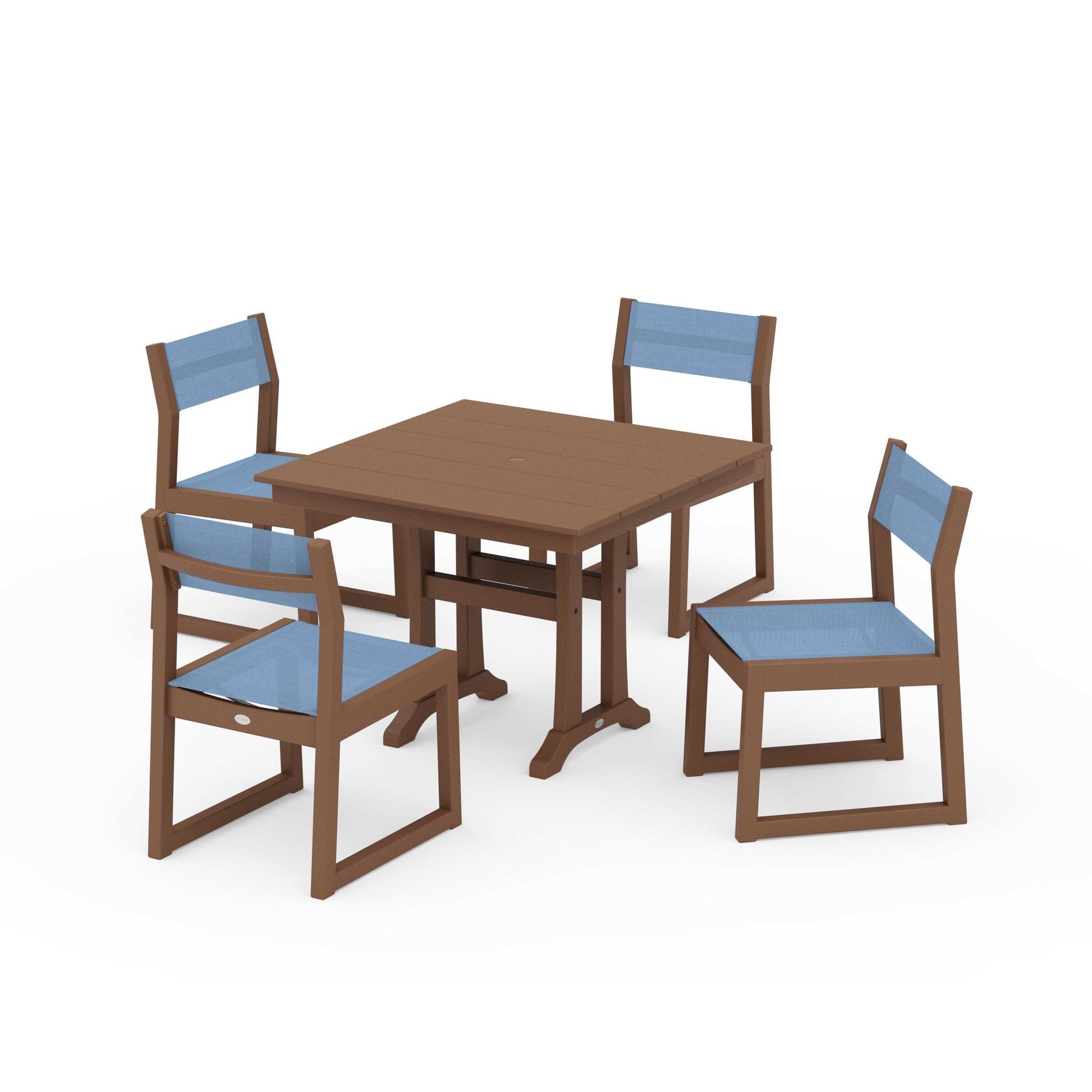 POLYWOOD EDGE Sling 5-Piece Farmhouse Trestle Side Chair Dining Set — Teak / Poolside Sling