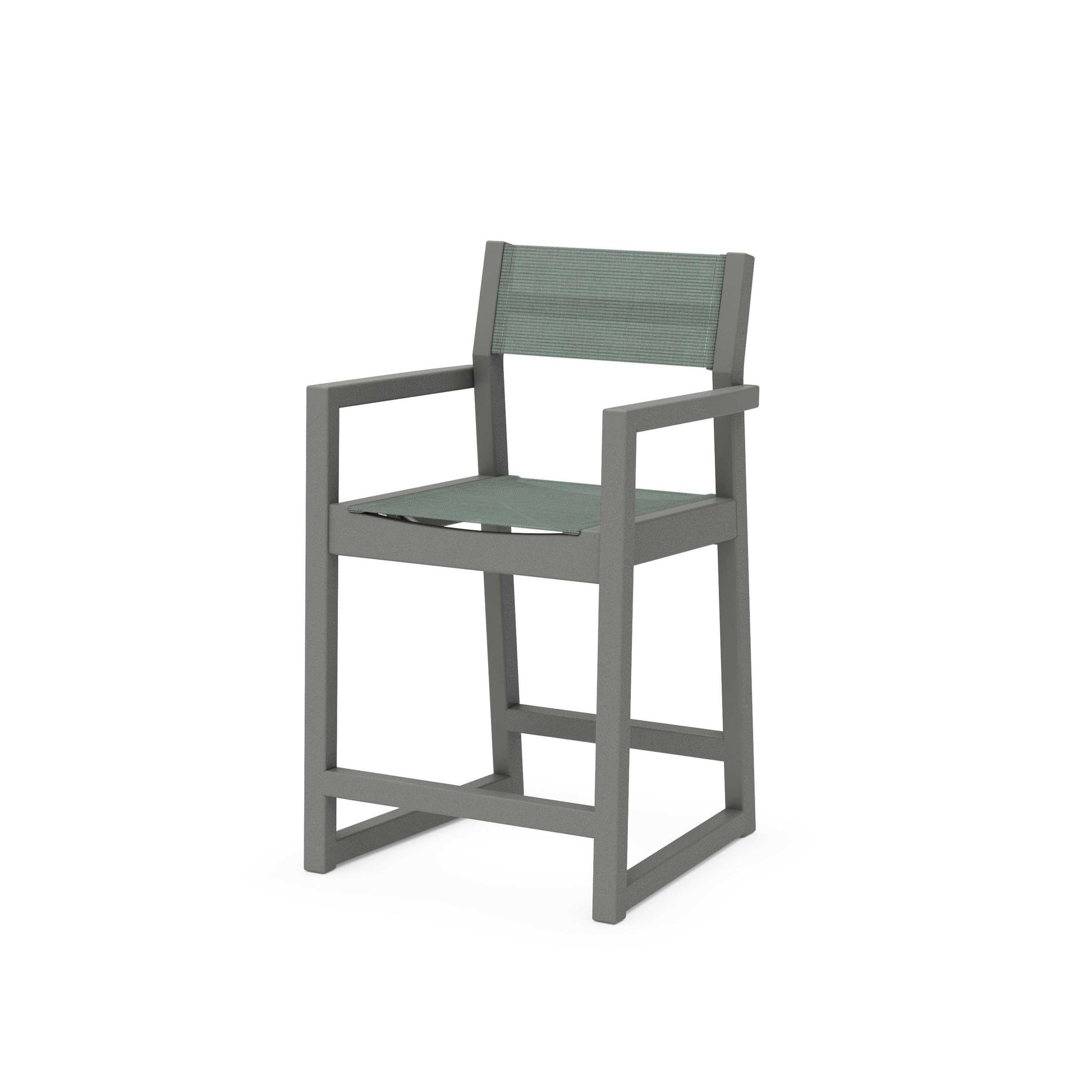 POLYWOOD EDGE Sling Counter Arm Chair — Slate Grey / Dupioni Sea Mist Sling
