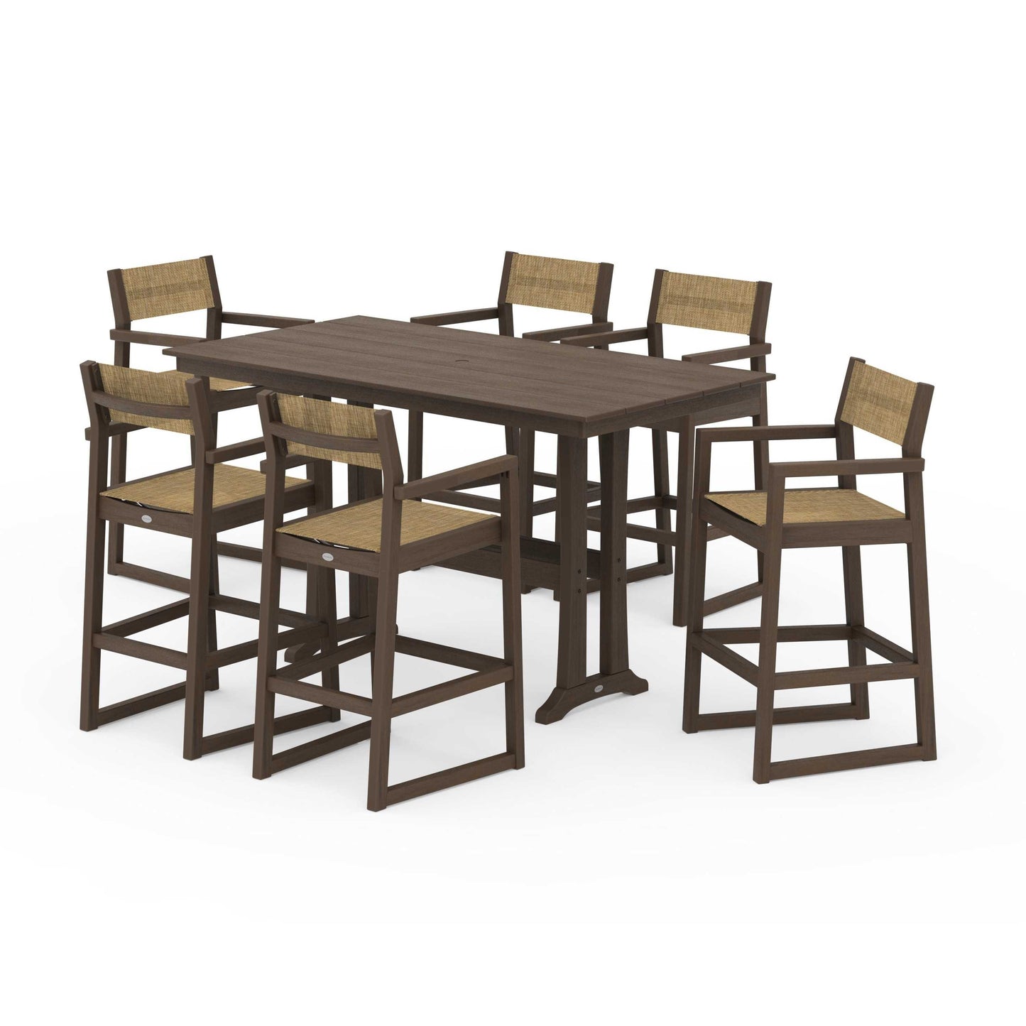 POLYWOOD EDGE Sling Arm Chair 7-Piece Farmhouse Bar Set with Trestle Legs — Kona / Burlap Sling