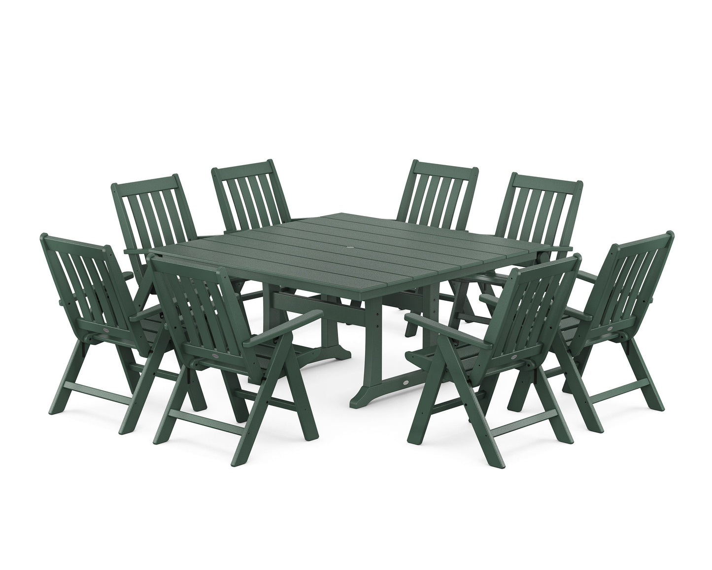 POLYWOOD Vineyard Folding Chair 9-Piece Square Farmhouse Dining Set with Trestle Legs — Green