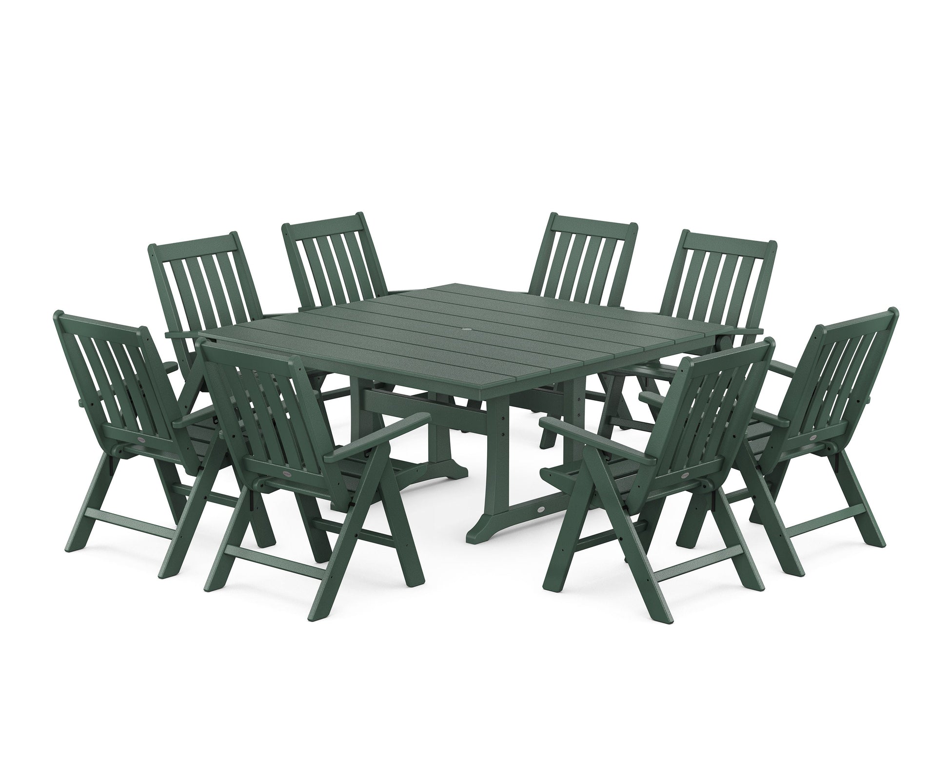 POLYWOOD Vineyard Folding Chair 9-Piece Square Farmhouse Dining Set with Trestle Legs — Green