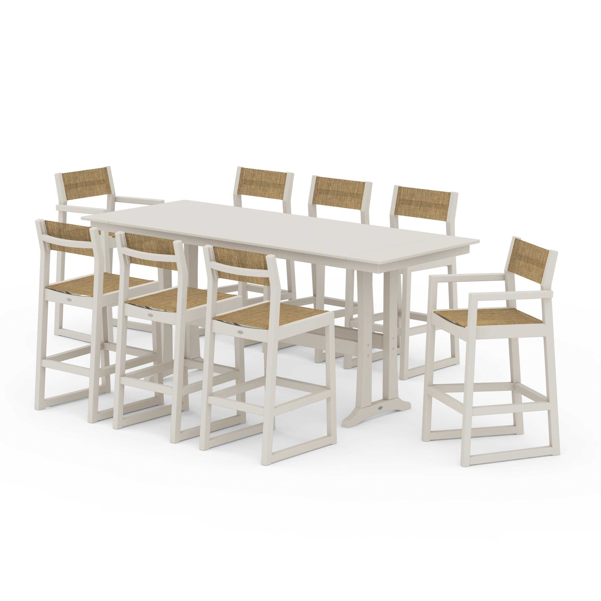 POLYWOOD EDGE Sling 9-Piece Farmhouse Bar Set with Trestle Legs — Sand / Burlap Sling