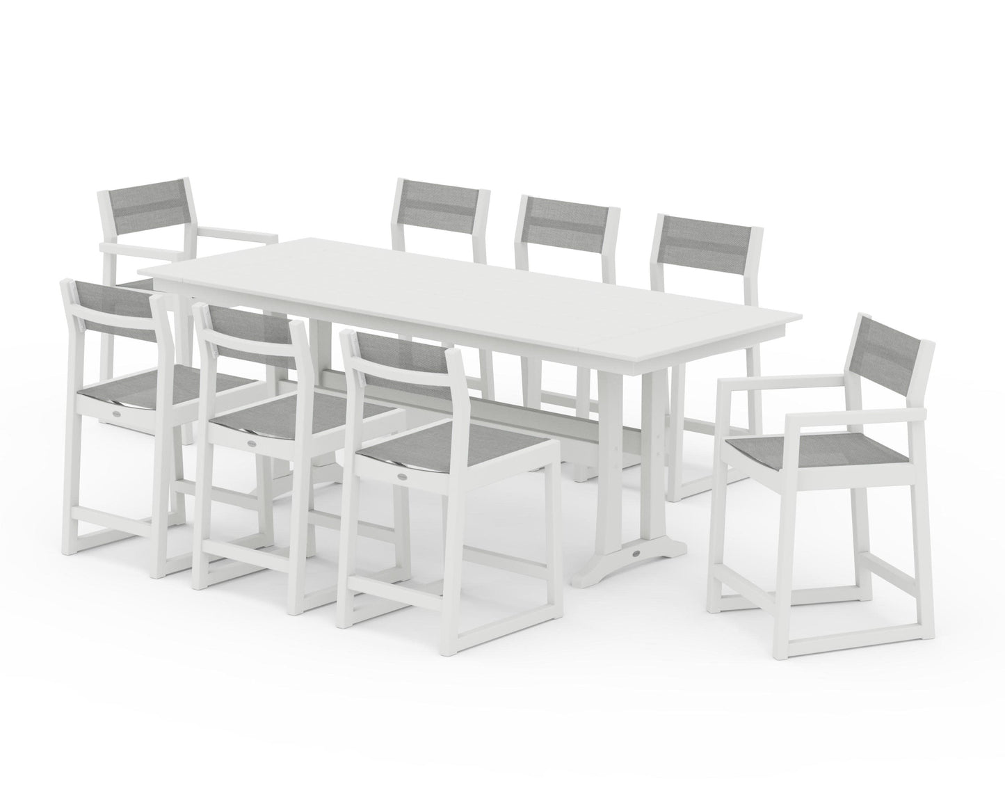 POLYWOOD EDGE Sling 9-Piece Farmhouse Counter Set with Trestle Legs — Vintage White / Metallic Sling
