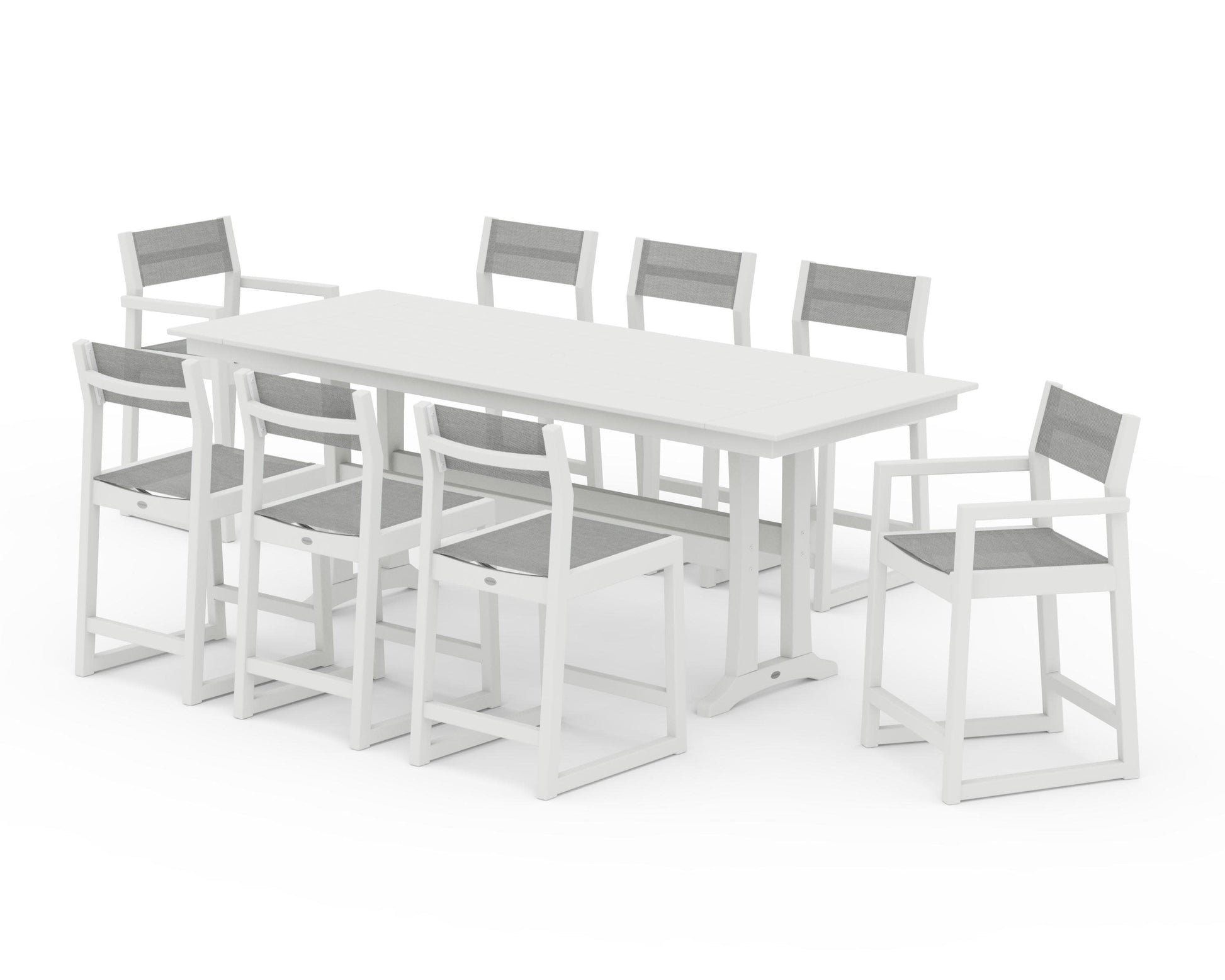 POLYWOOD EDGE Sling 9-Piece Farmhouse Counter Set with Trestle Legs — Vintage White / Metallic Sling