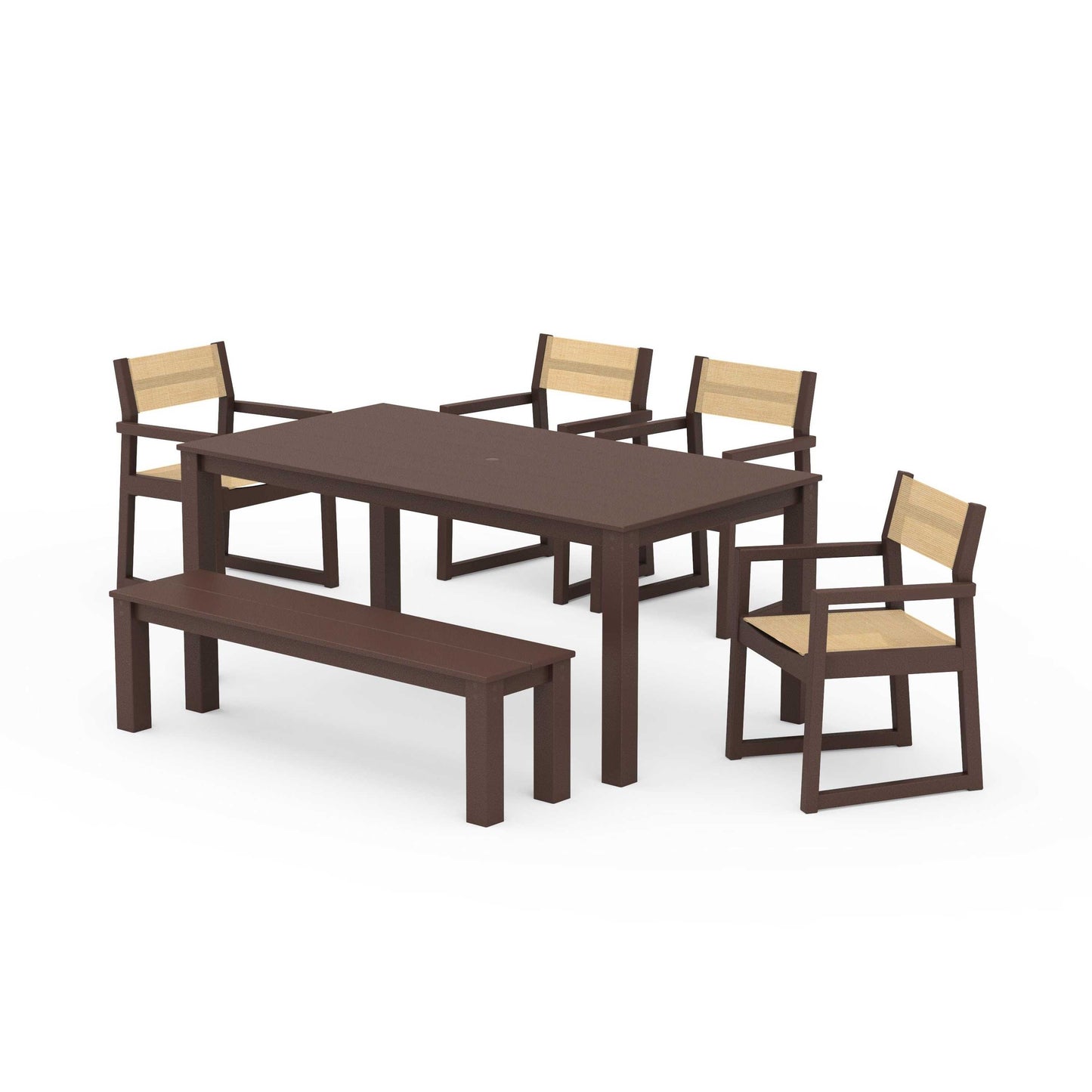 POLYWOOD EDGE Sling Arm Chair 6-Piece Parsons Dining Set with Bench — Mahogany / Dupioni Apricot Sling