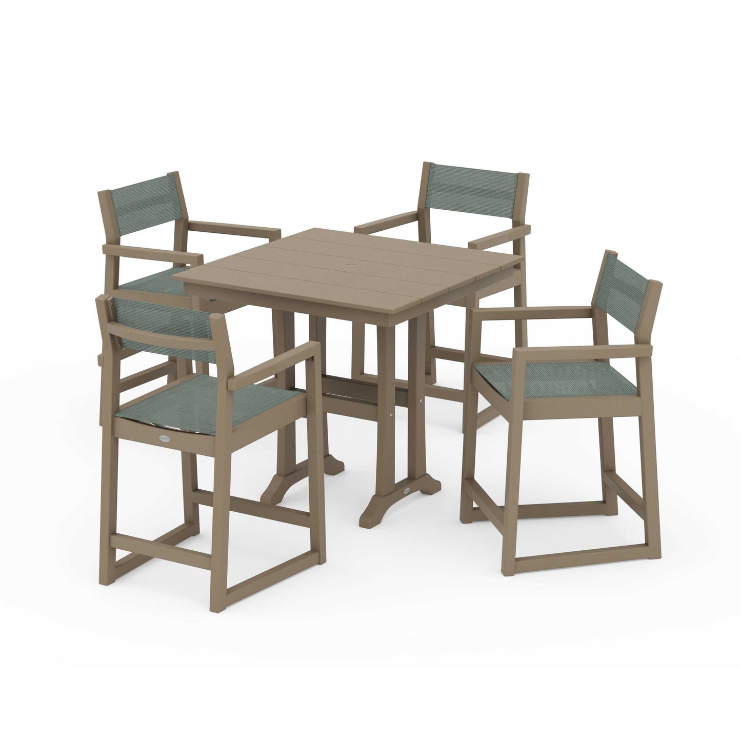 POLYWOOD EDGE Sling Arm Chair 5-Piece Farmhouse Counter Set with Trestle Legs — Vintage Sahara / Dupioni Sea Mist Sling