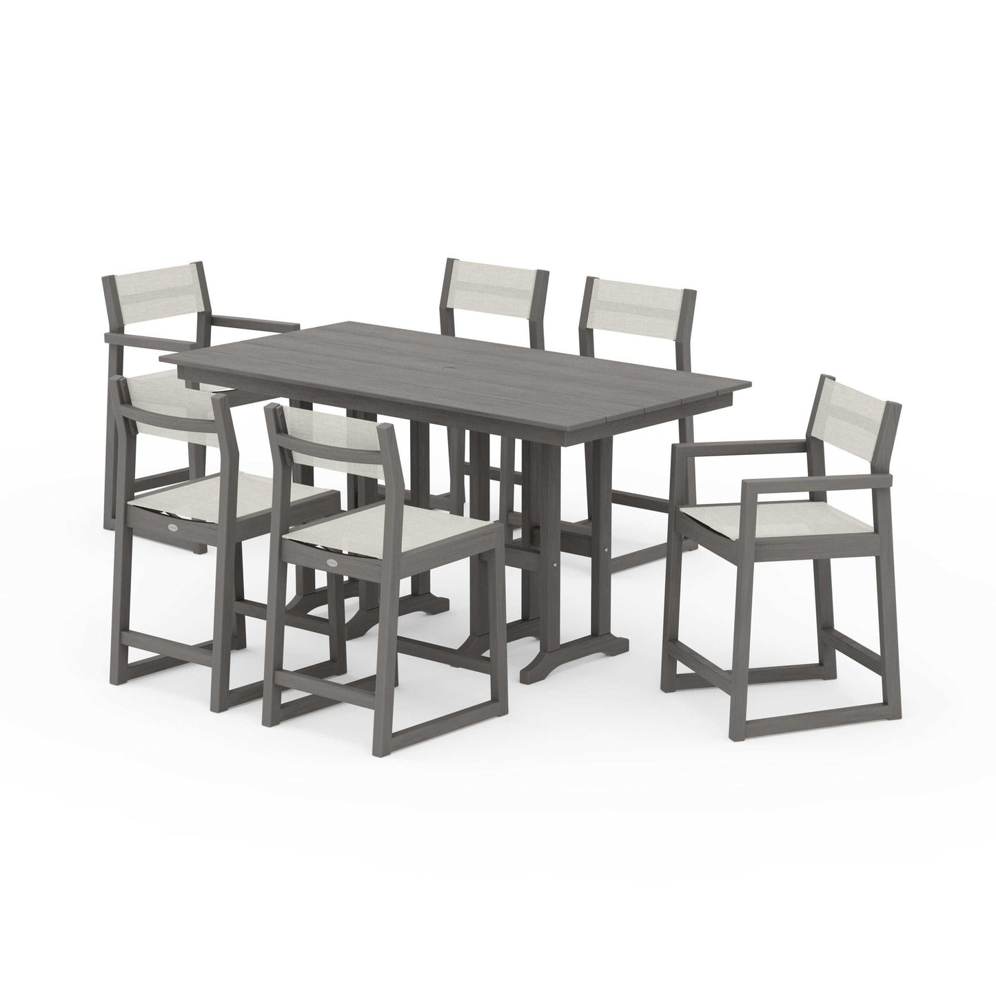 POLYWOOD EDGE Sling 7-Piece Farmhouse Counter Set with Trestle Legs — Driftwood / Parchment Sling