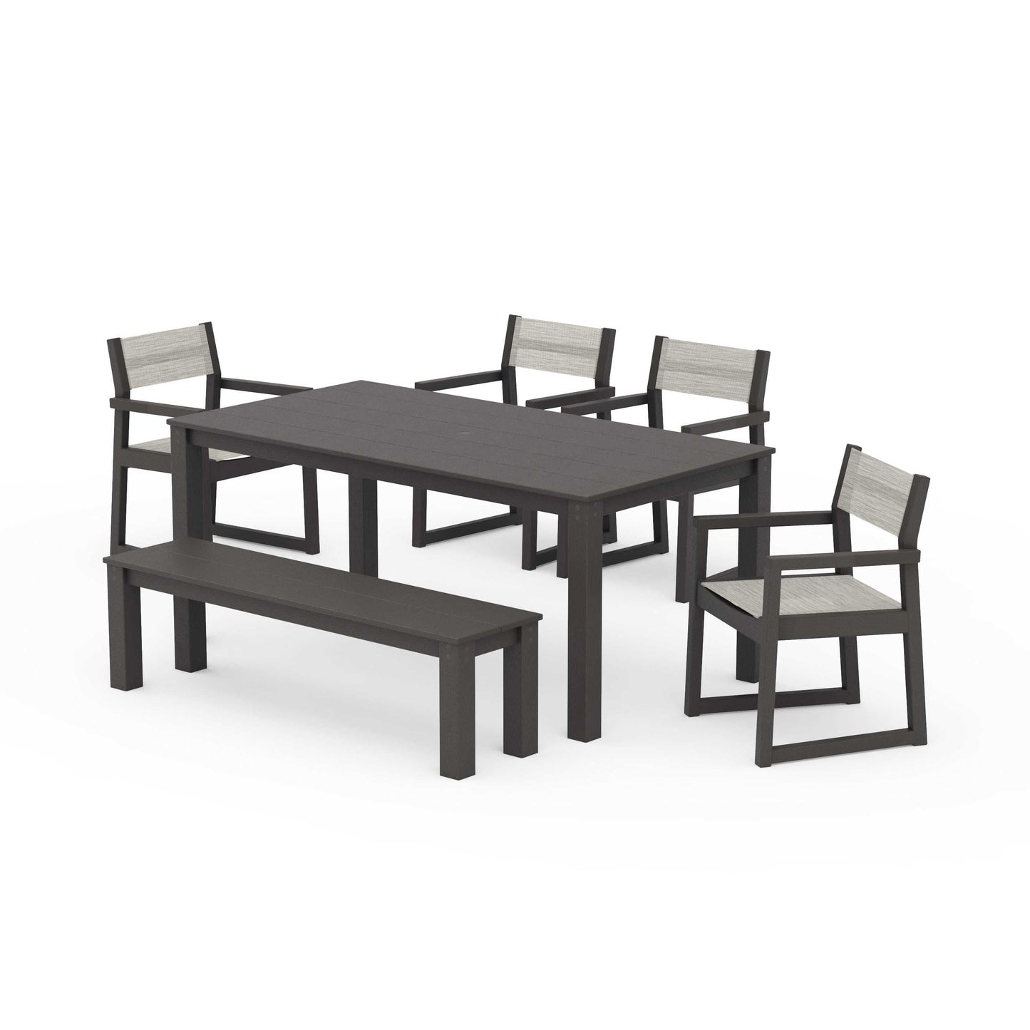 POLYWOOD EDGE Sling Arm Chair 6-Piece Parsons Dining Set with Bench — Vintage Coffee / Birch Sling