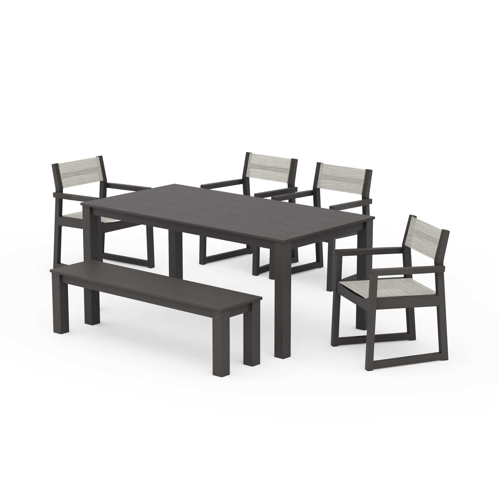POLYWOOD EDGE Sling Arm Chair 6-Piece Parsons Dining Set with Bench — Vintage Coffee / Birch Sling