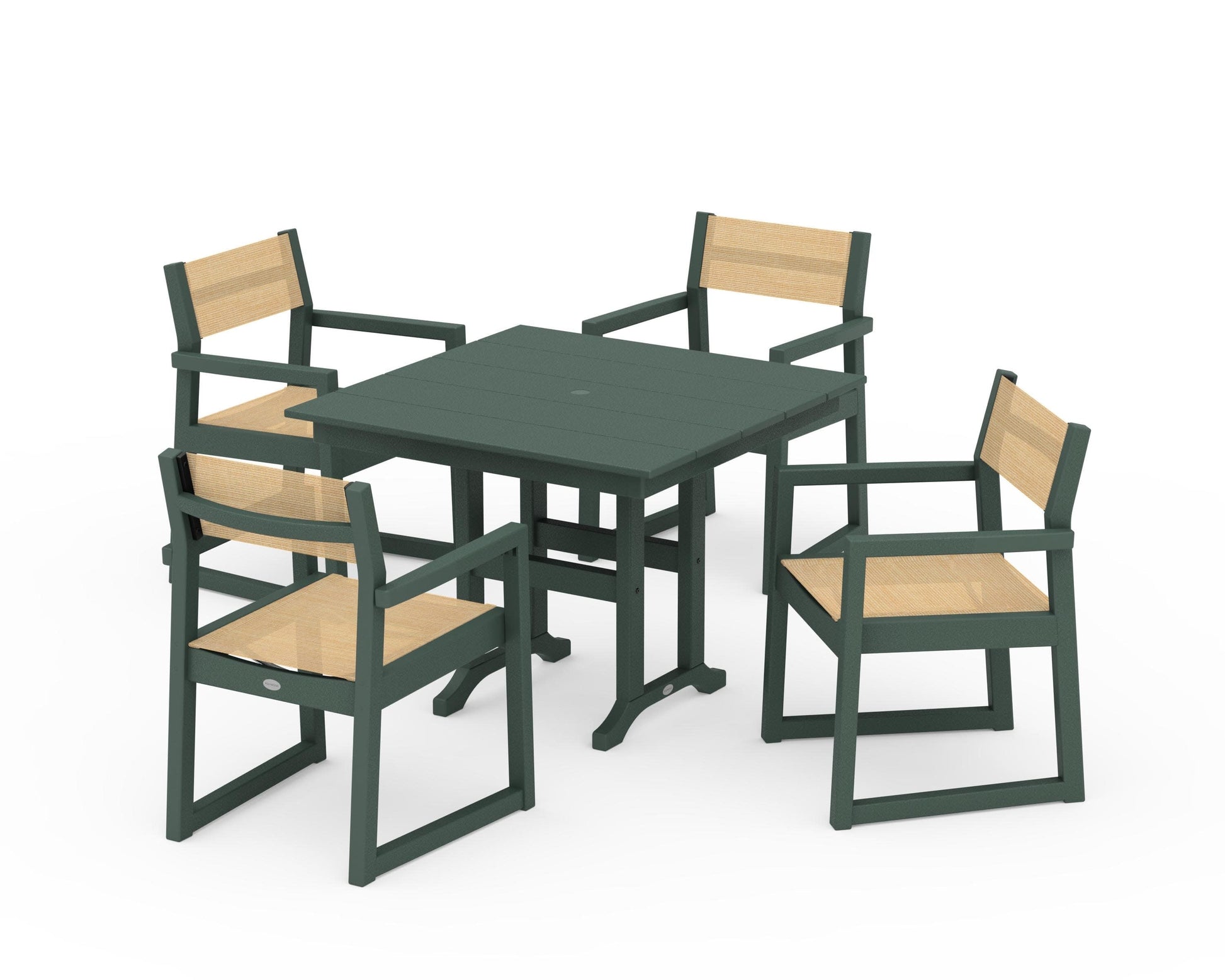 POLYWOOD EDGE Sling Arm Chair 5-Piece Farmhouse Dining Set — Green / Dupioni Apricot Sling