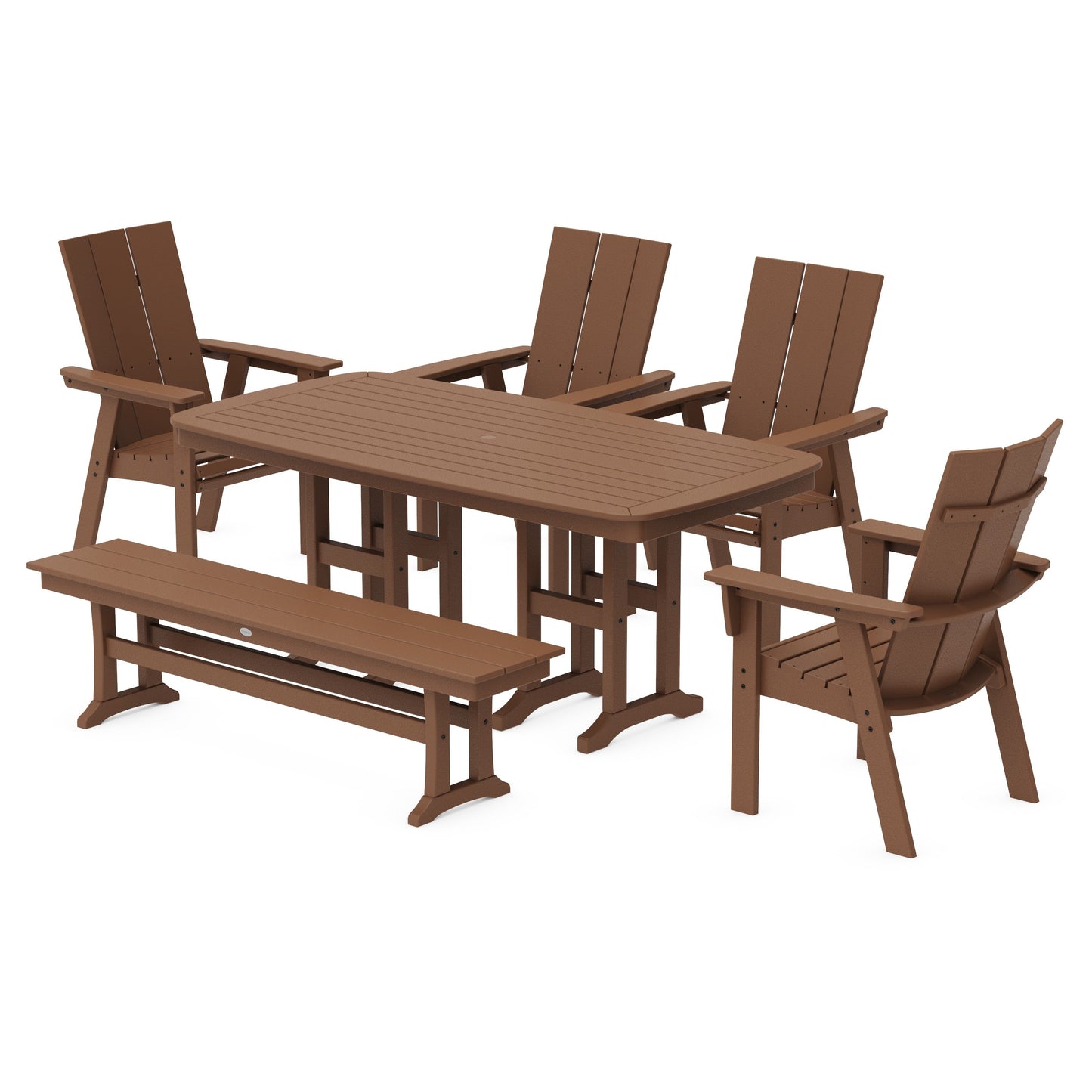 POLYWOOD Modern Curveback Adirondack 6-Piece Dining Set with Bench — Teak