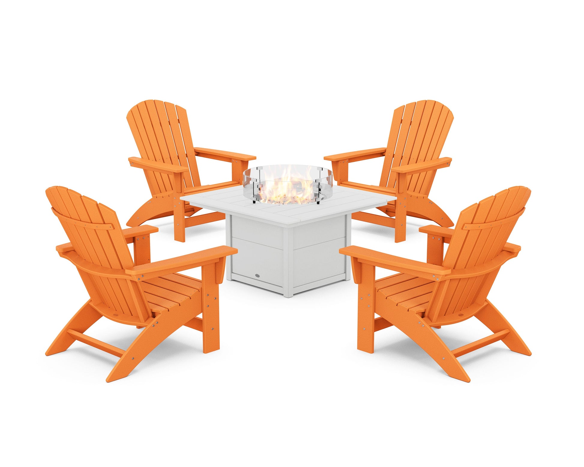 POLYWOOD 5-Piece Nautical Grand Adirondack Conversation Set with Fire Pit Table — Tangerine / White