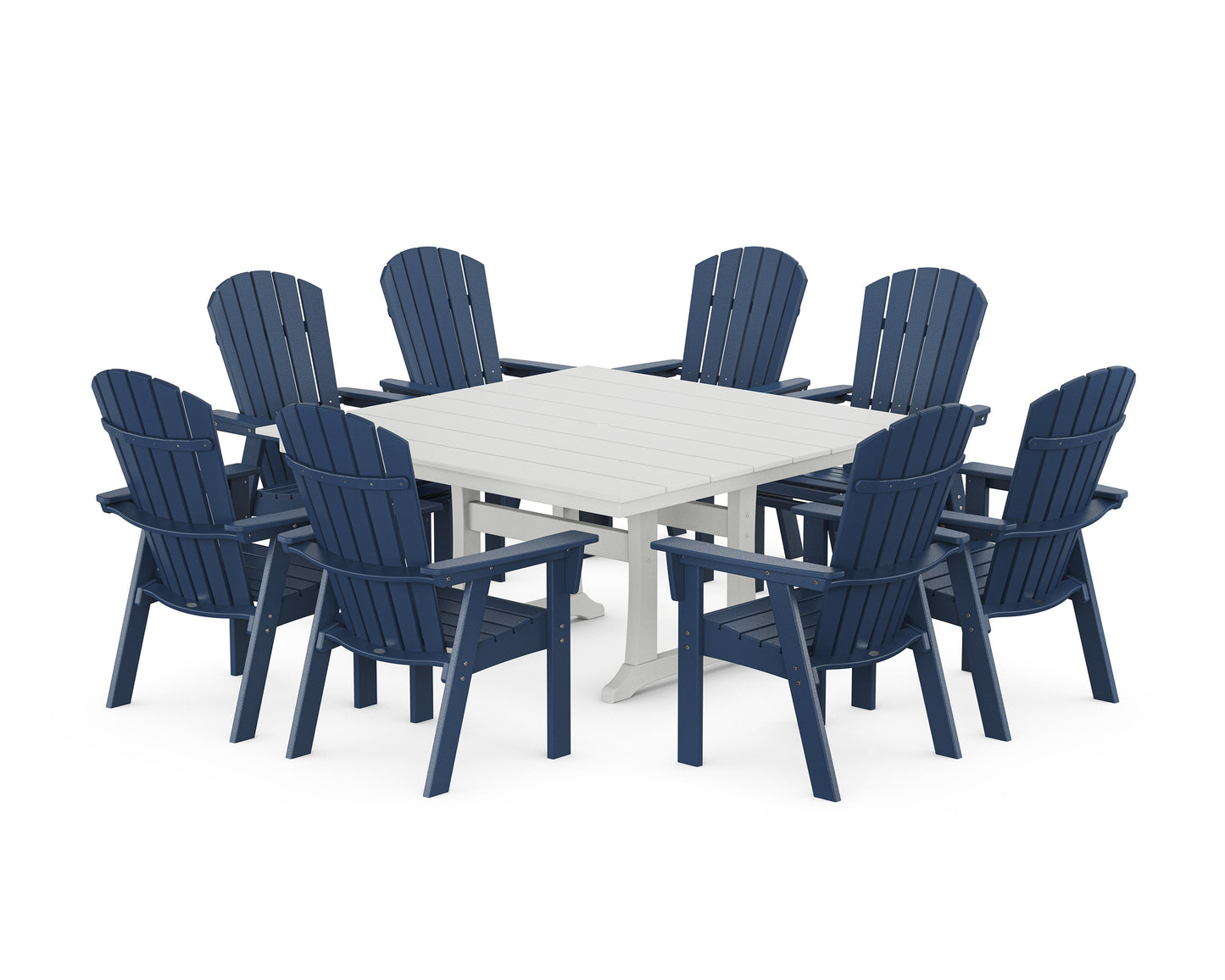 POLYWOOD Nautical Curveback Adirondack 9-Piece Square Dining Set with Trestle Legs — Navy / White