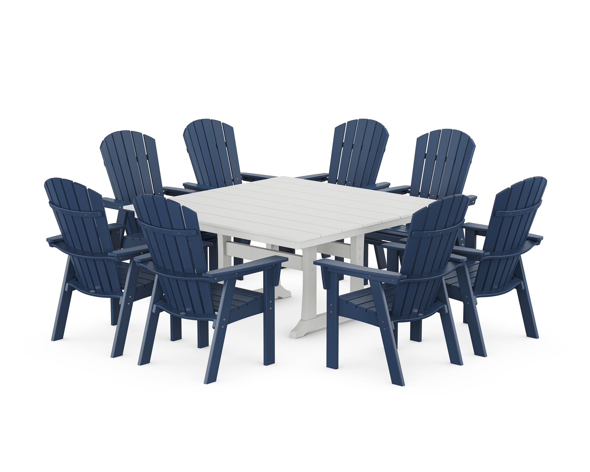 POLYWOOD Nautical Curveback Adirondack 9-Piece Square Dining Set with Trestle Legs — Navy / White