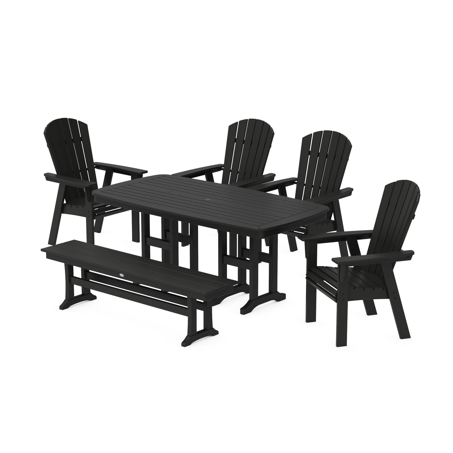 POLYWOOD Nautical Curveback Adirondack 6-Piece Dining Set with Bench — Black