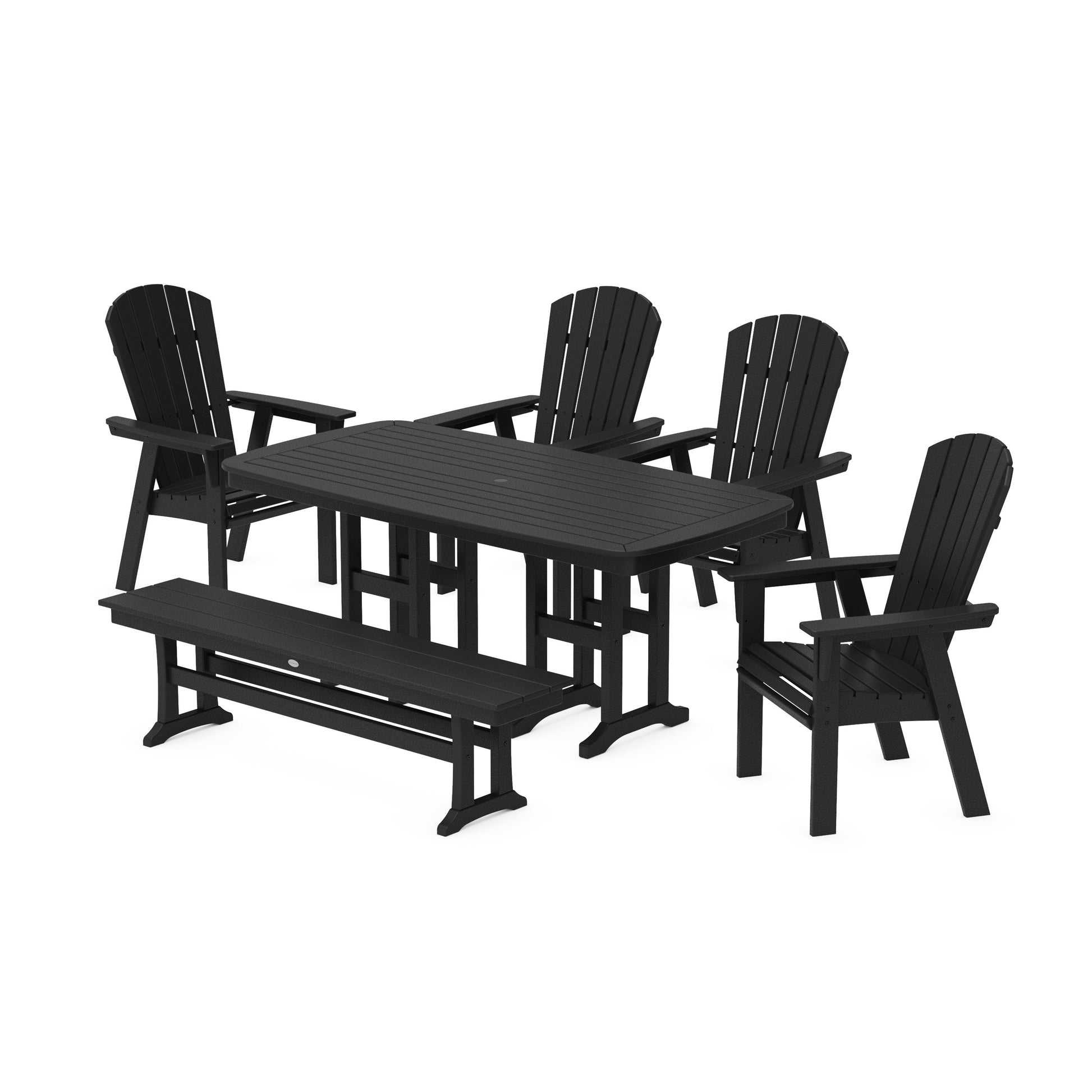 POLYWOOD Nautical Curveback Adirondack 6-Piece Dining Set with Bench — Black