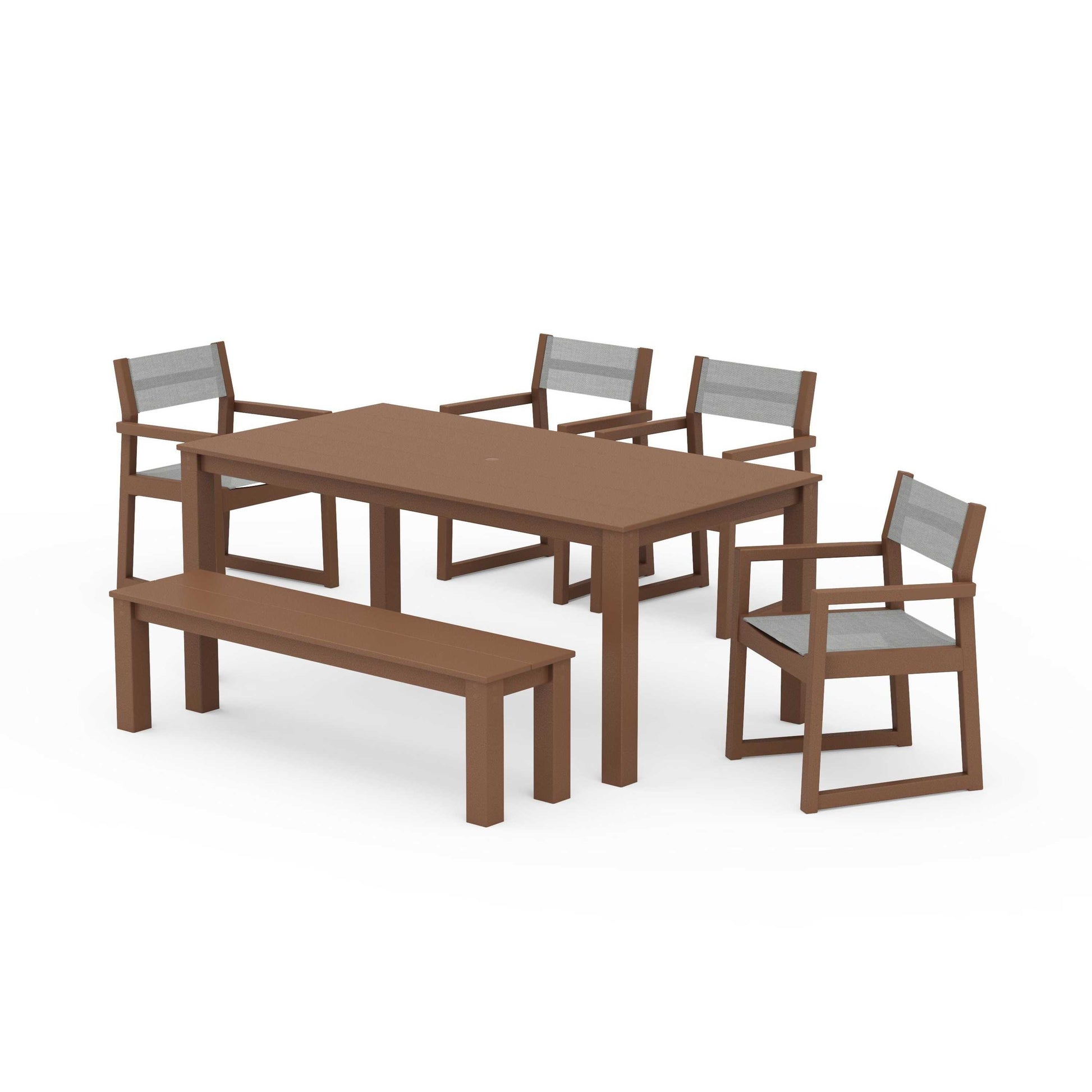 POLYWOOD EDGE Sling Arm Chair 6-Piece Parsons Dining Set with Bench — Teak / Metallic Sling