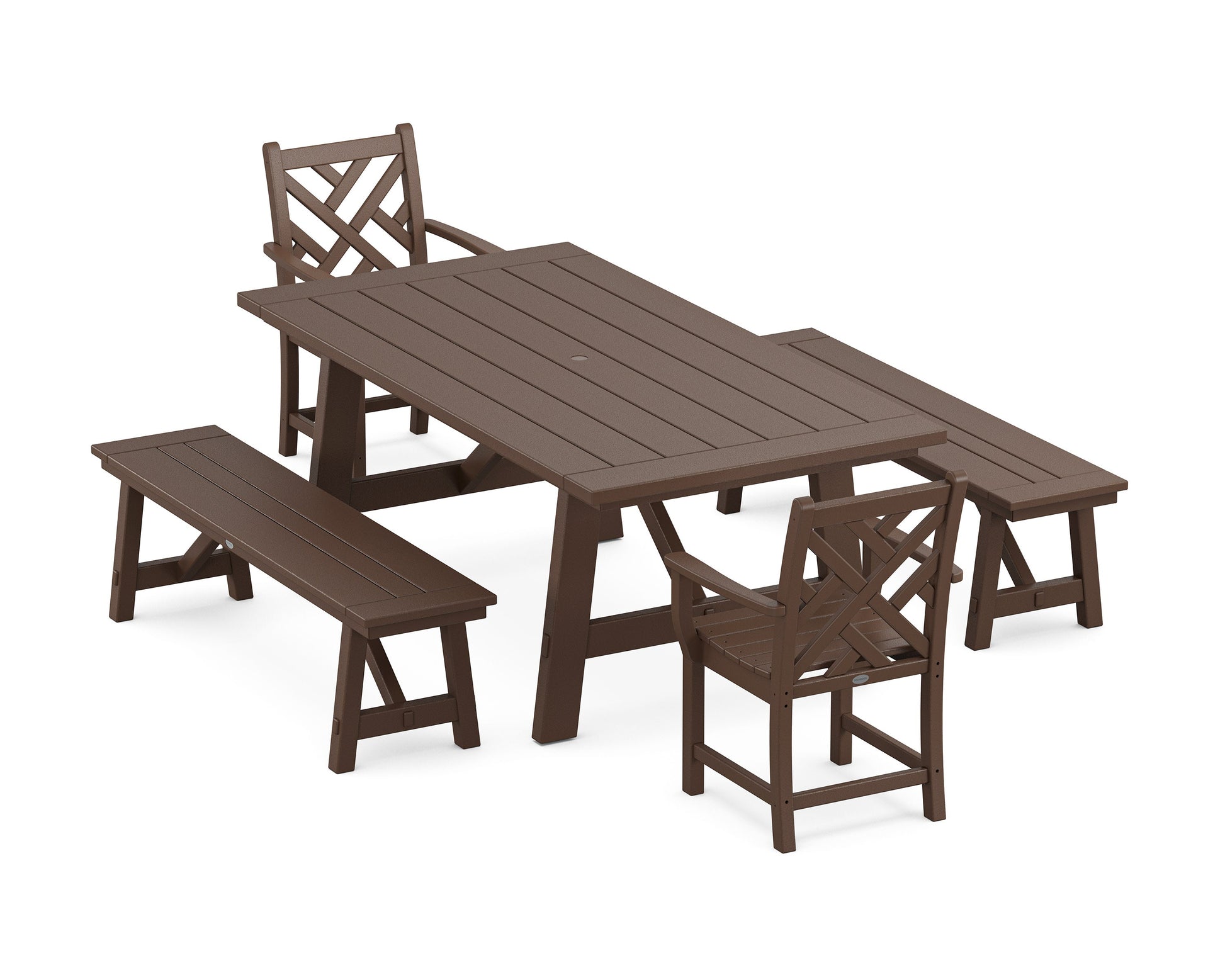 POLYWOOD Chippendale 5-Piece Rustic Farmhouse Dining Set With Benches — Mahogany
