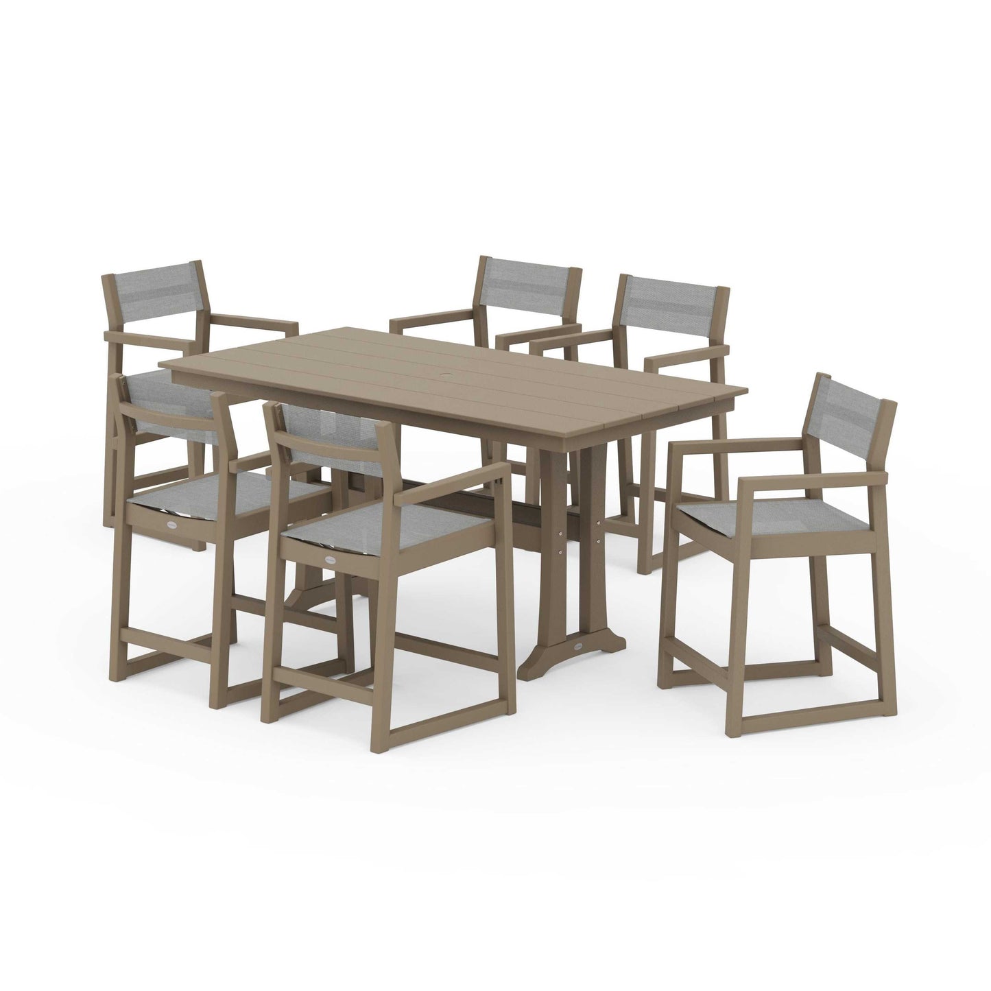 POLYWOOD EDGE Sling Arm Chair 7-Piece Farmhouse Counter Set with Trestle Legs — Vintage Sahara / Metallic Sling