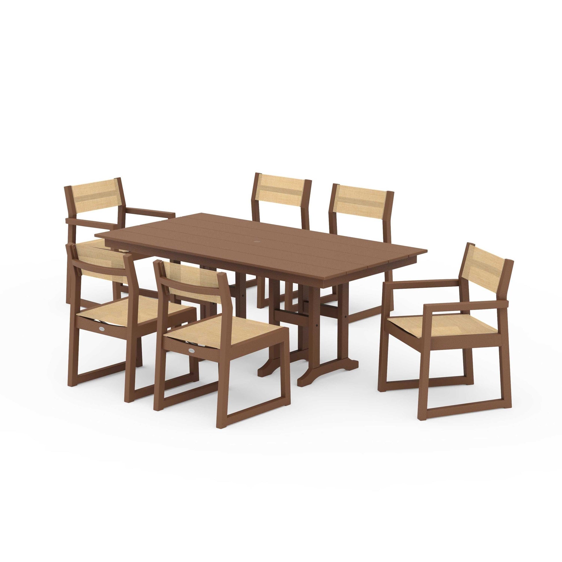 POLYWOOD EDGE Sling 7-Piece Farmhouse Dining Set — Teak / Dupioni Apricot Sling