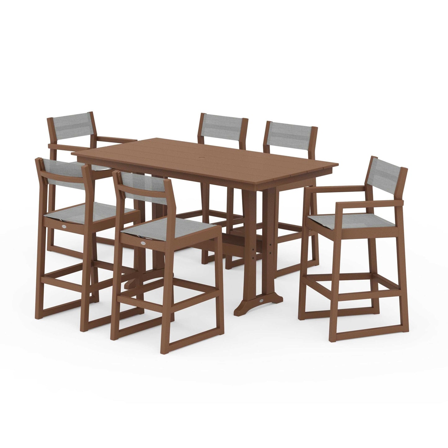 POLYWOOD EDGE Sling 7-Piece Farmhouse Bar Set with Trestle Legs — Teak / Metallic Sling