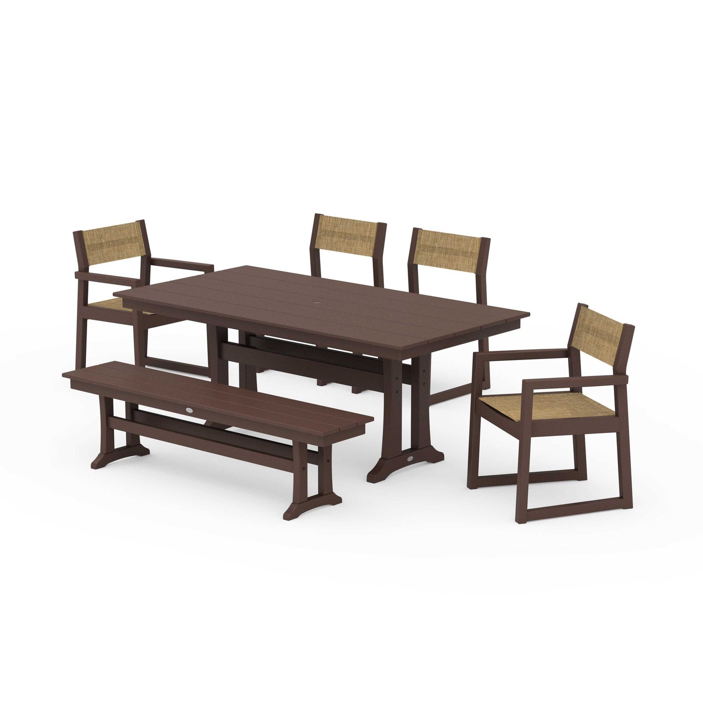 POLYWOOD EDGE Sling 6-Piece Farmhouse Dining Set With Trestle Legs — Mahogany / Burlap Sling