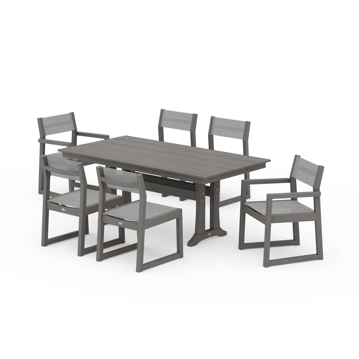 POLYWOOD EDGE Sling 7-Piece Farmhouse Trestle Dining Set — Driftwood / Metallic Sling