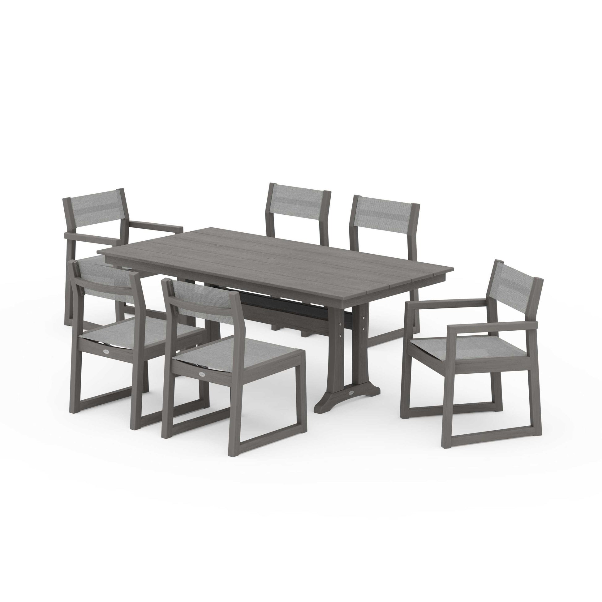 POLYWOOD EDGE Sling 7-Piece Farmhouse Trestle Dining Set — Driftwood / Metallic Sling